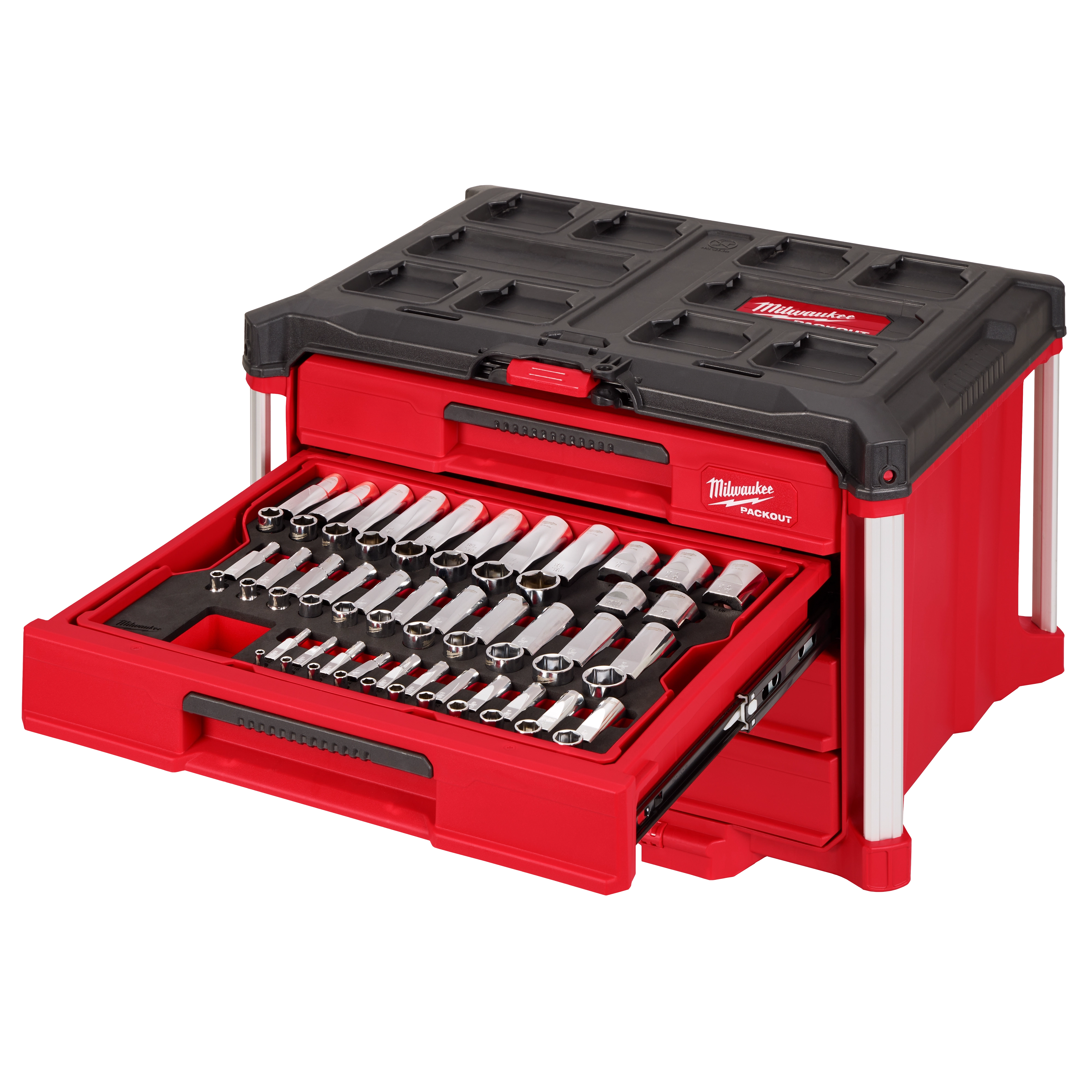 The image shows a 242-piece 1/4”, 3/8”, and 1/2” drive metric and SAE ratchet and socket set with PACKOUT™ 4-drawer tool box. The tool box is red with black accents and has one open drawer displaying various sockets and ratchets neatly organized inside.