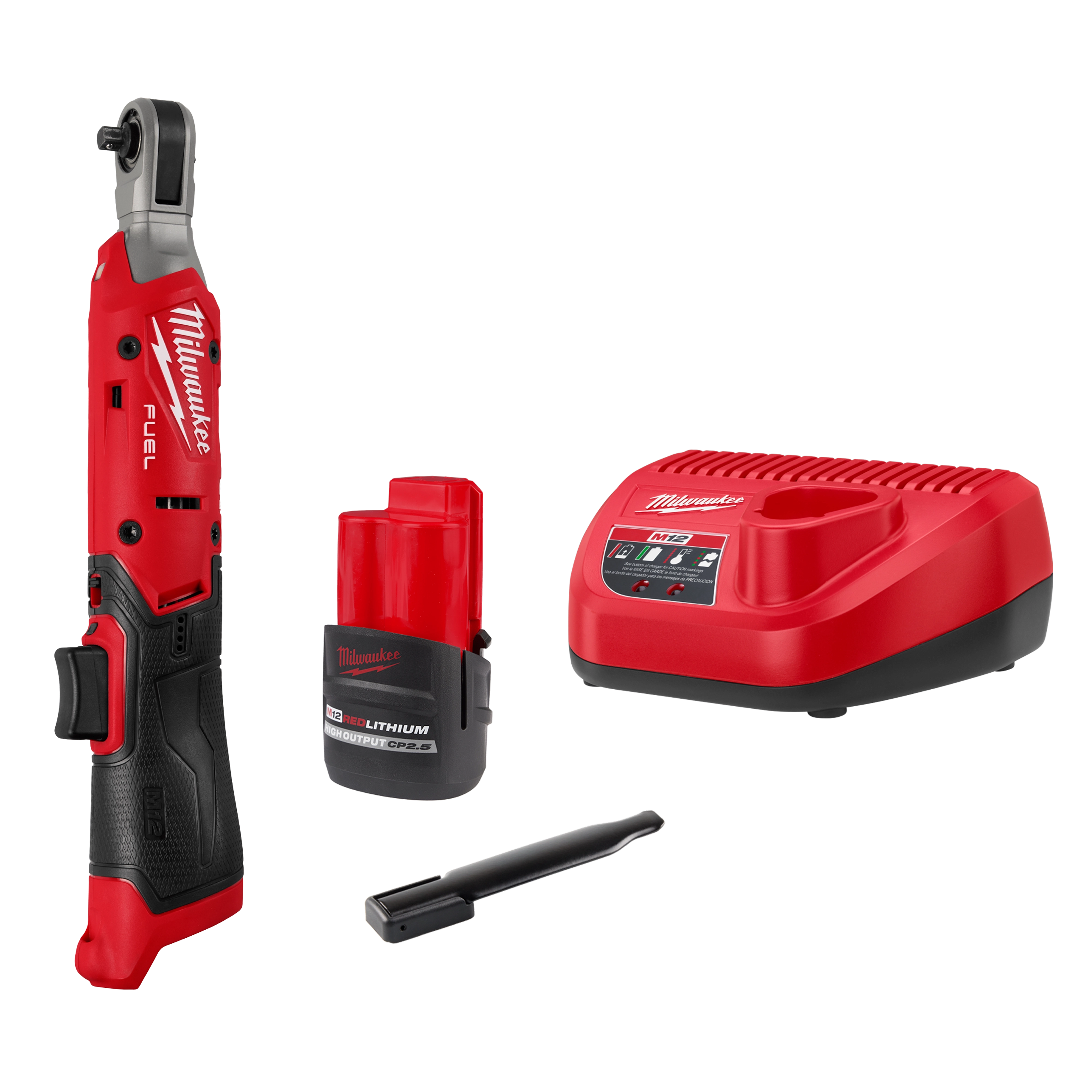 M12 FUEL&trade; 1/4" Ratchet Kit includes a red and black cordless ratchet, a rechargeable battery, a charger, and a small tool. The ratchet features speed control buttons and the brand name is visible on all components.