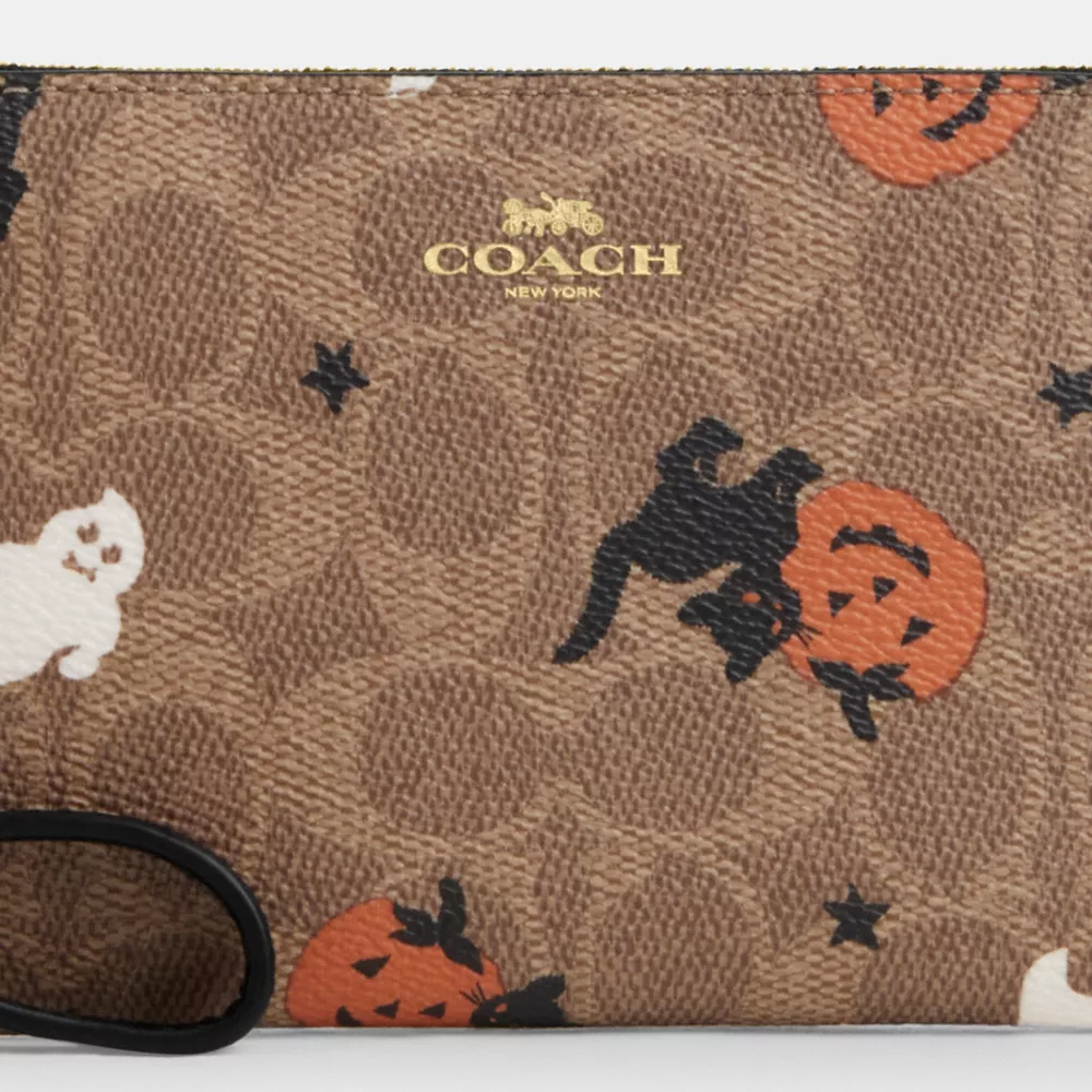 Corner Zip Wristlet In Signature Canvas With Halloween Print