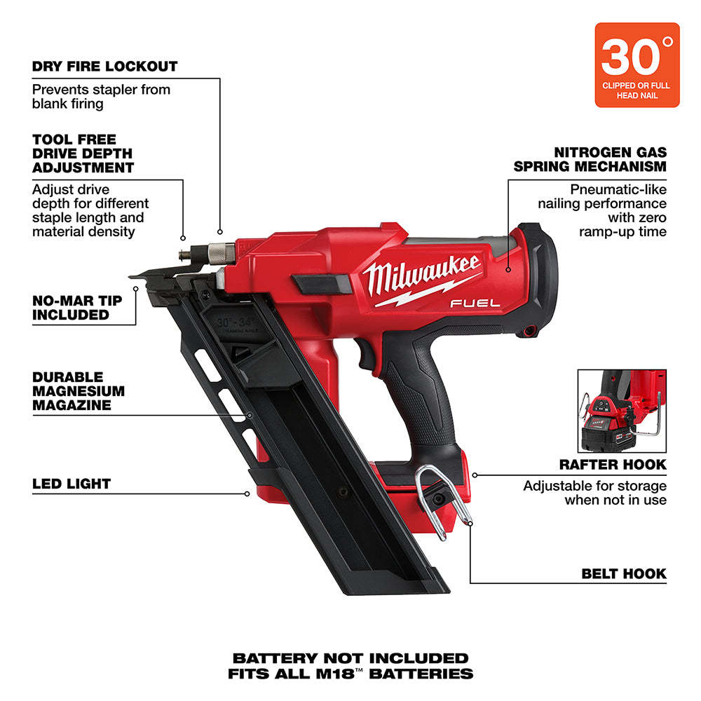 M18 FUEL 18V 30 Degree Lithium-Ion Framing Nailer - Bare Tool