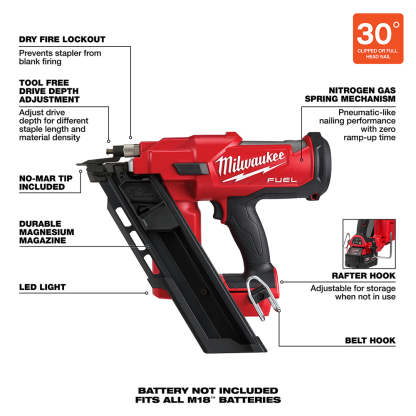 M18 FUEL 18V 30 Degree Lithium-Ion Framing Nailer - Bare Tool