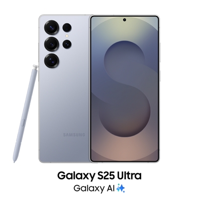 Two Galaxy S25 Ultra in titanium silver blue color. One facing forward and one backwards. A stylus seats next to one of the devices.