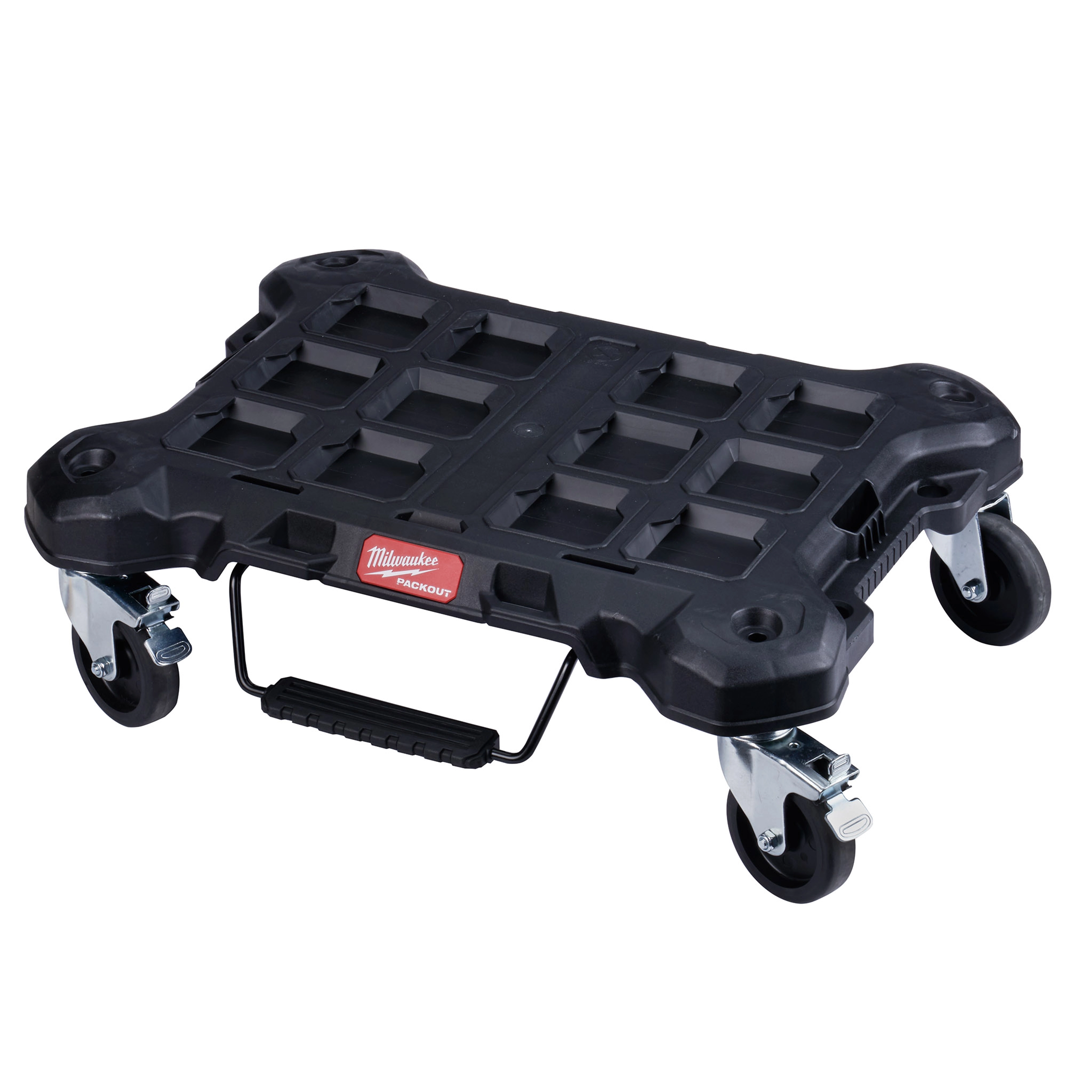 The PACKOUT Dolly is a black, heavy-duty rolling platform with a handle and four caster wheels, designed for transporting tools.
