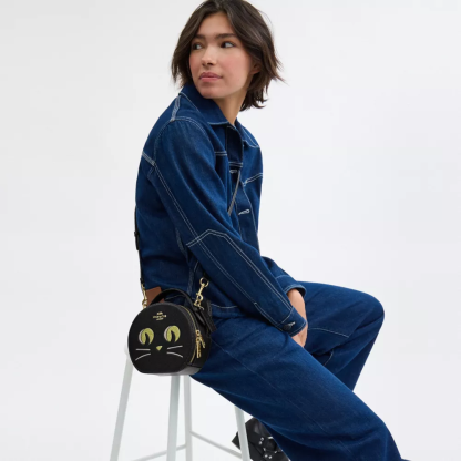 Canteen Crossbody Bag With Halloween Cat - Black