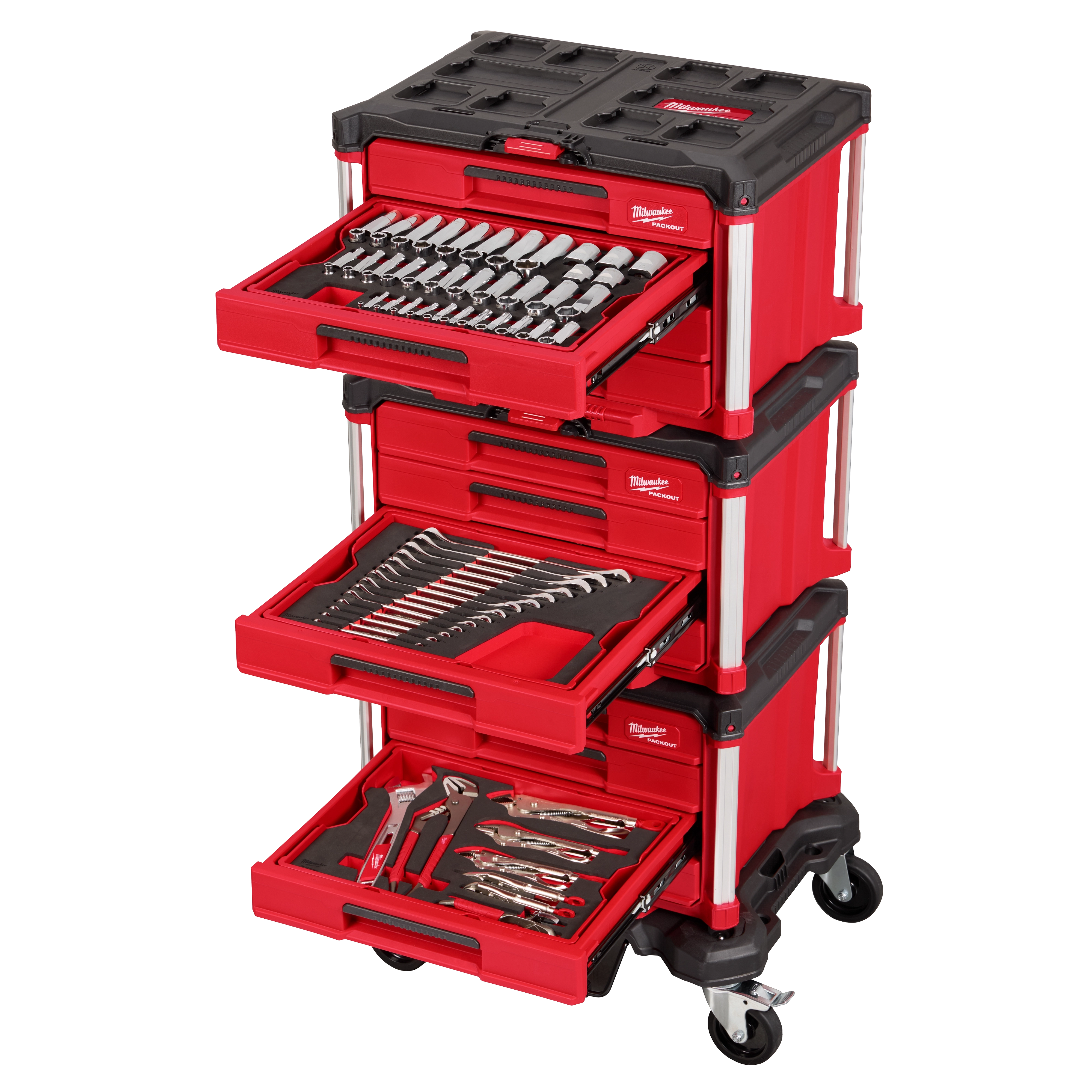 The image shows a 366pc. Master Mechanics Hand Tool Set with PACKOUT™ Drawers and Dolly. The set includes various tools organized neatly in red drawers on a rolling dolly.