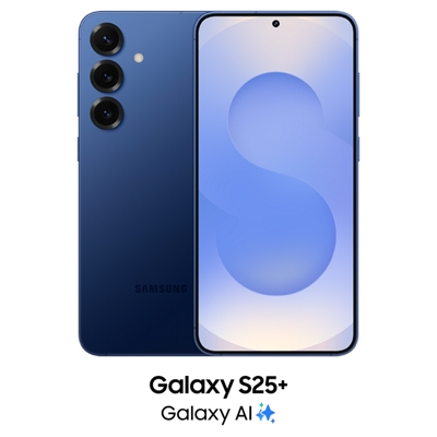 Two Galaxy S25+ in navy blue color, one facing forward and one backwards.