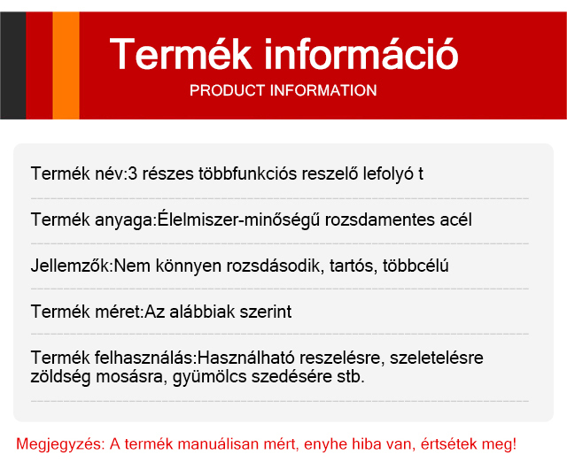 3 részes vastag reszelő lefolyótál fűszerező medence vágótálca