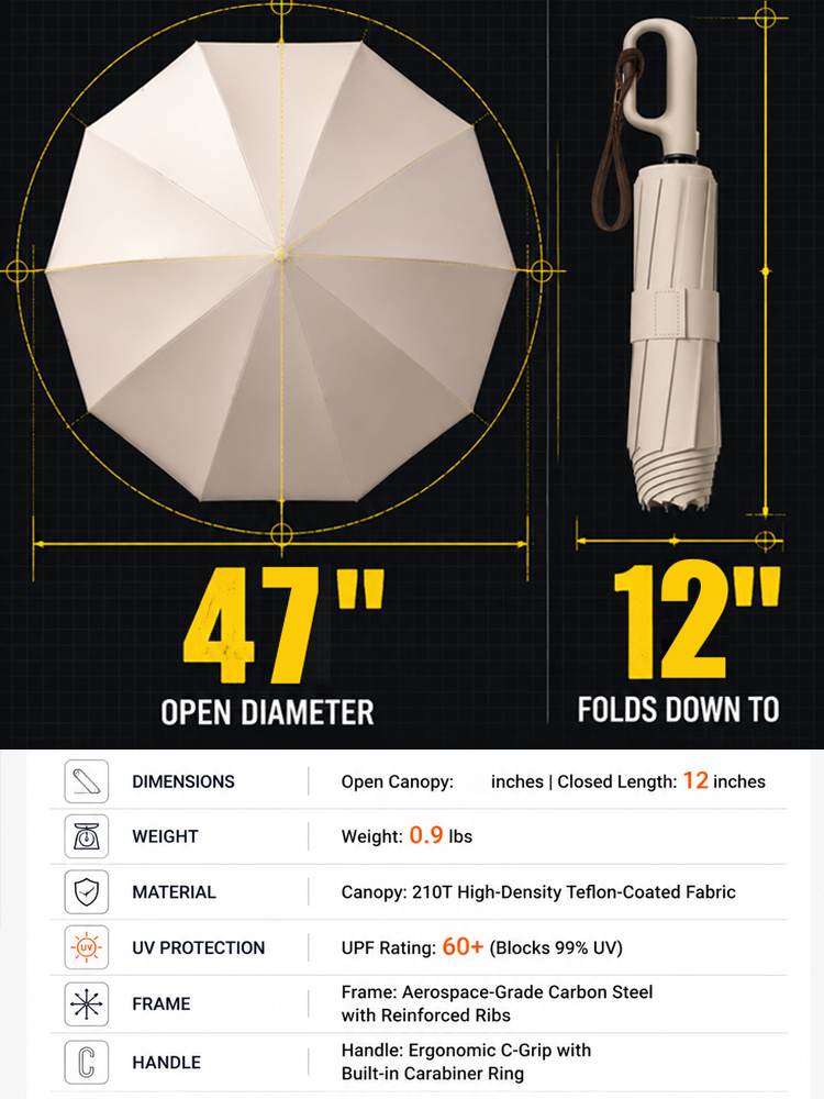 🌧️ Automatic Windproof Umbrella | 30 Carbon Fiber Ribs | SPF 50 UV Protection | Built-in Backpack Clip ☀️
