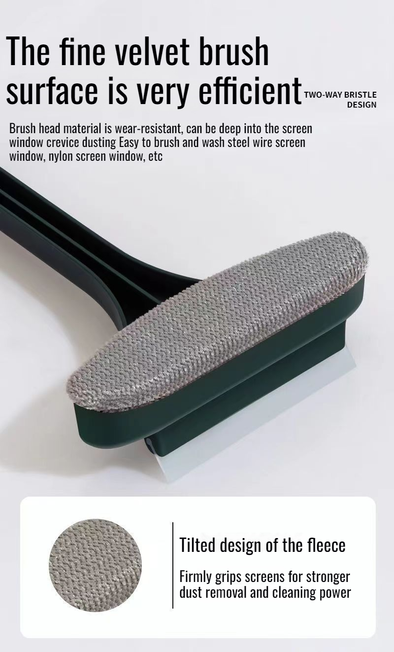 Hand holding window screen brush on mesh screen