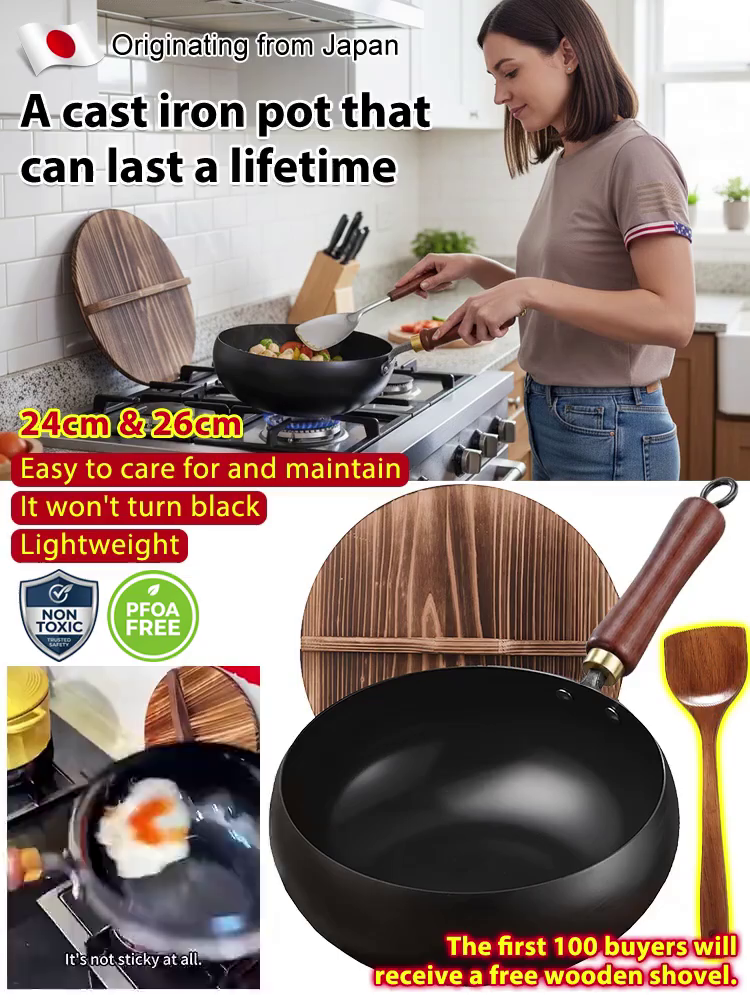 [100th Anniversary Flash Sale]Tsubame-Sanjo Masterpiece: Hand-Hammered Japanese Wok - 100% Toxin-Free & Natural Non-Stick 🇯🇵🍳80% OFF Artisan Iron Wok + FREE Rosewood Spatula & Lid 🎁📉
