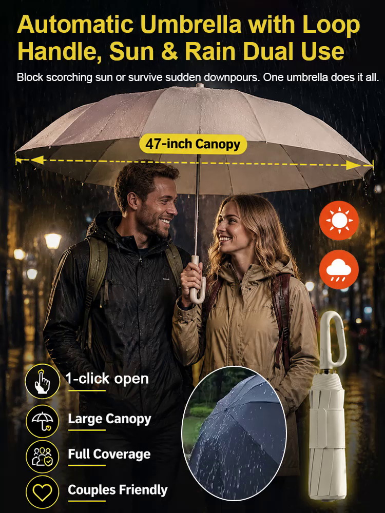 🌧️ Automatic Windproof Umbrella | 30 Carbon Fiber Ribs | SPF 50 UV Protection | Built-in Backpack Clip ☀️