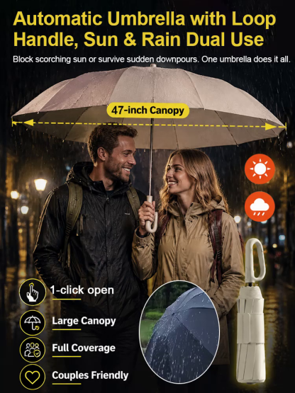 🌧️ Automatic Windproof Umbrella | 30 Carbon Fiber Ribs | SPF 50 UV Protection | Built-in Backpack Clip ☀️