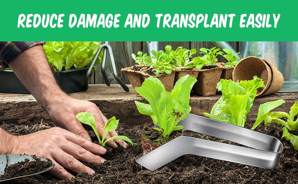 Gardener using transplanting tongs for plant transfer