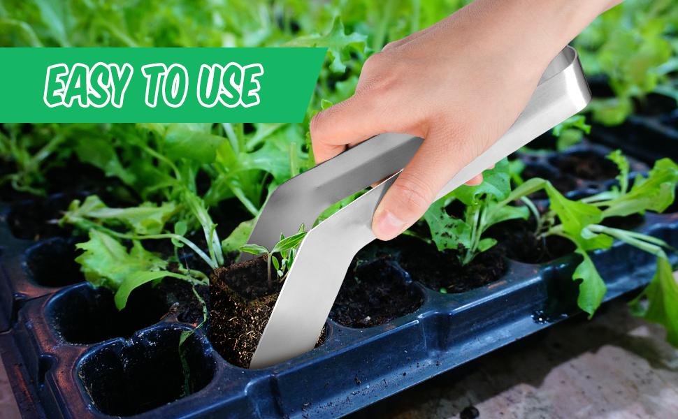 Transplanting tongs gently lifting a seedling