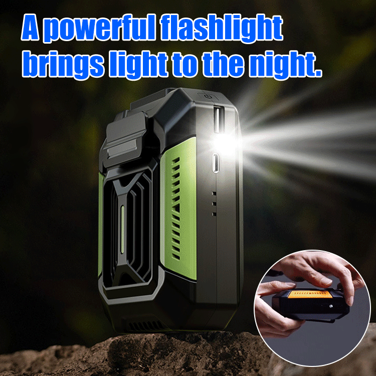 Outdoor full-body cooling device [flashlight + rechargeable treasure]AI intelligent cooling chip and silent motor release cool air as soon as it starts. It lowers the temperature of the sensation by 10 degrees Celsius in a short time!