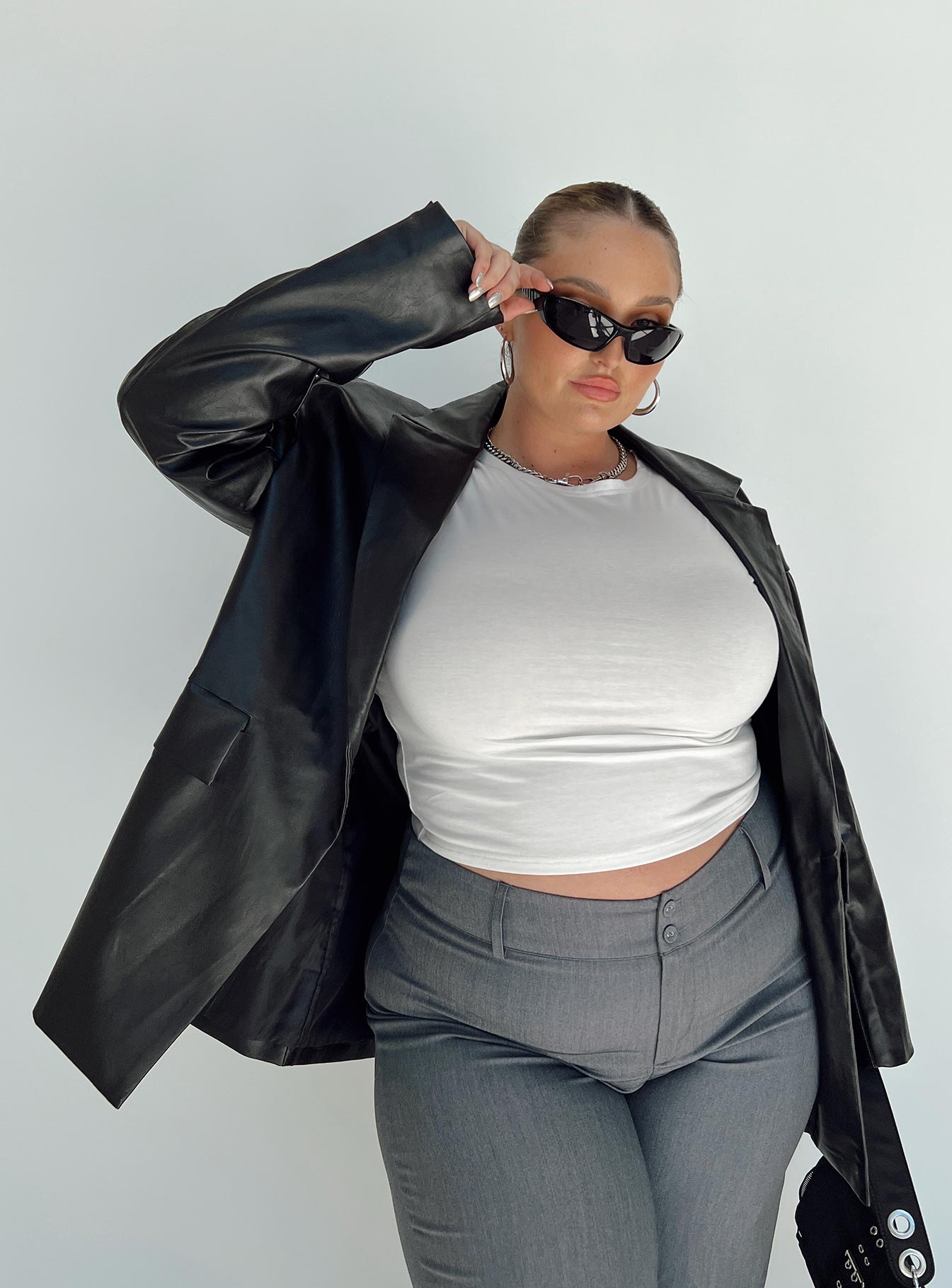Jocelyn Faux Leather Blazer Black Curve-Heyiad