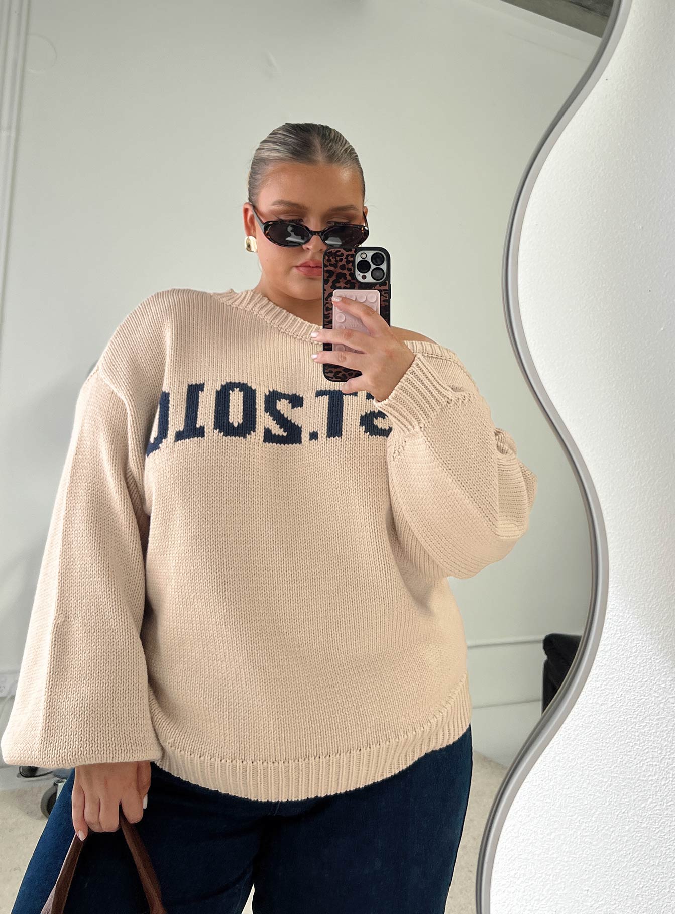 Jadynn Off Shoulder Knit Sweater Cream Curve-Heyiad