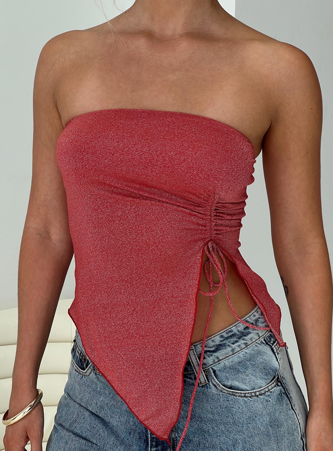Dessy Strapless Top Red Glitter-Heyiad