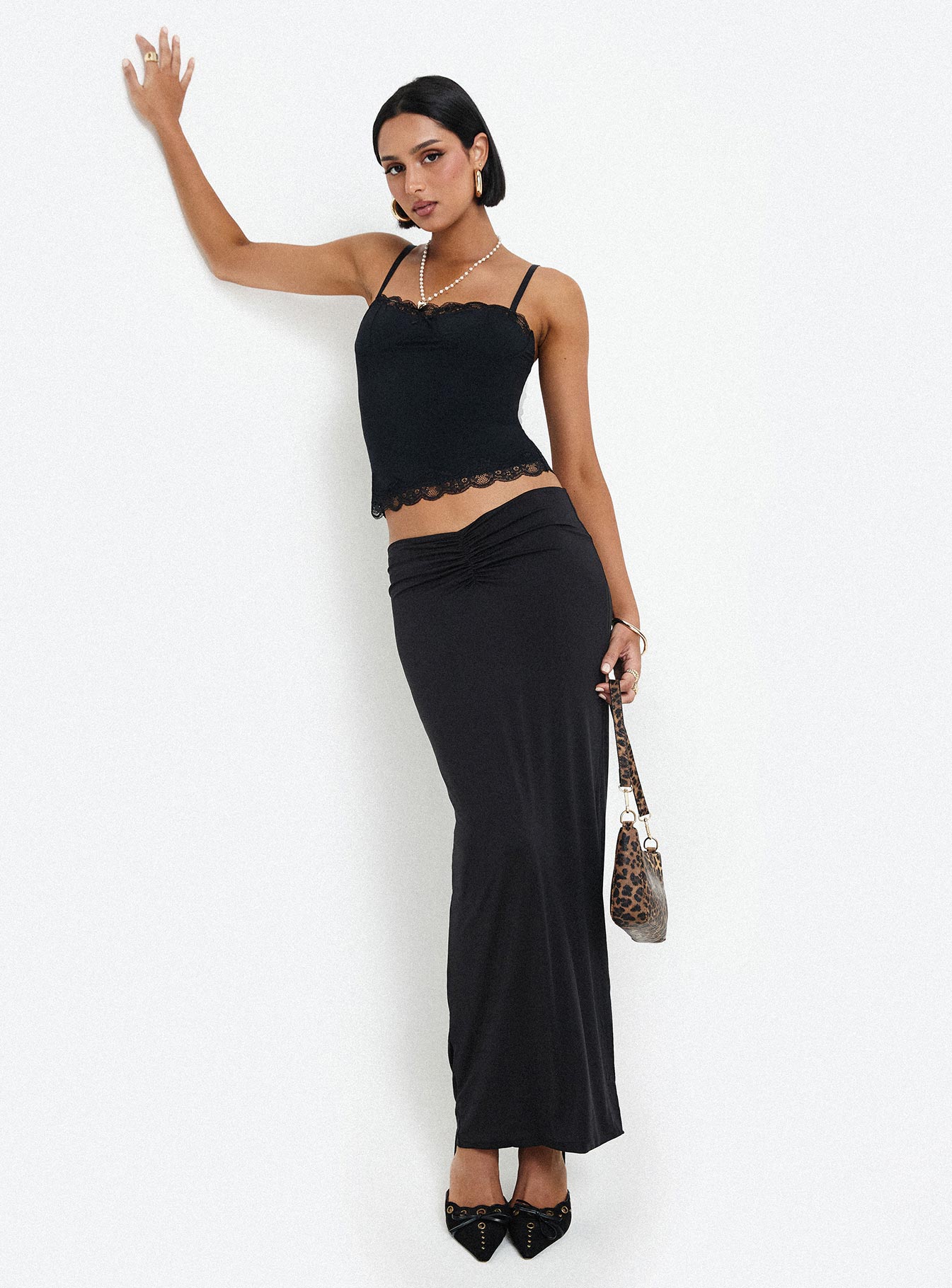 Kalyn Ruched Front Maxi Skirt Black-Heyiad