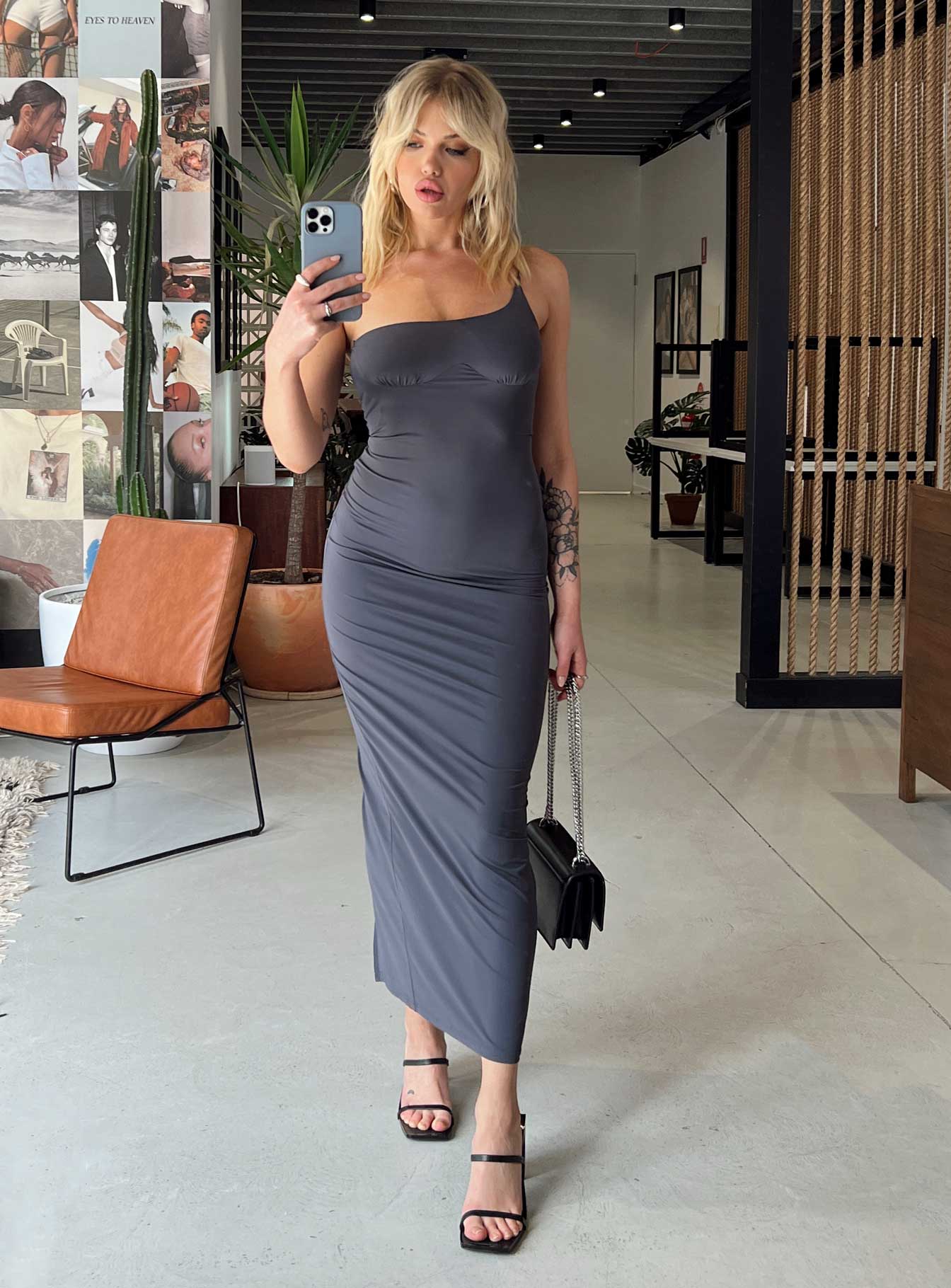 Deliza One Shoulder Maxi Dress Grey-Heyiad