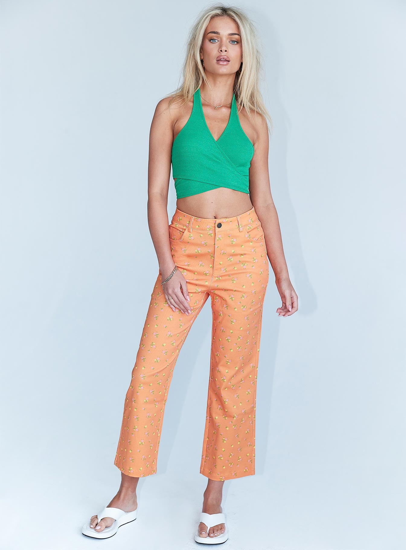 Ivy Floral Straight Leg Jeans Orange-Heyiad