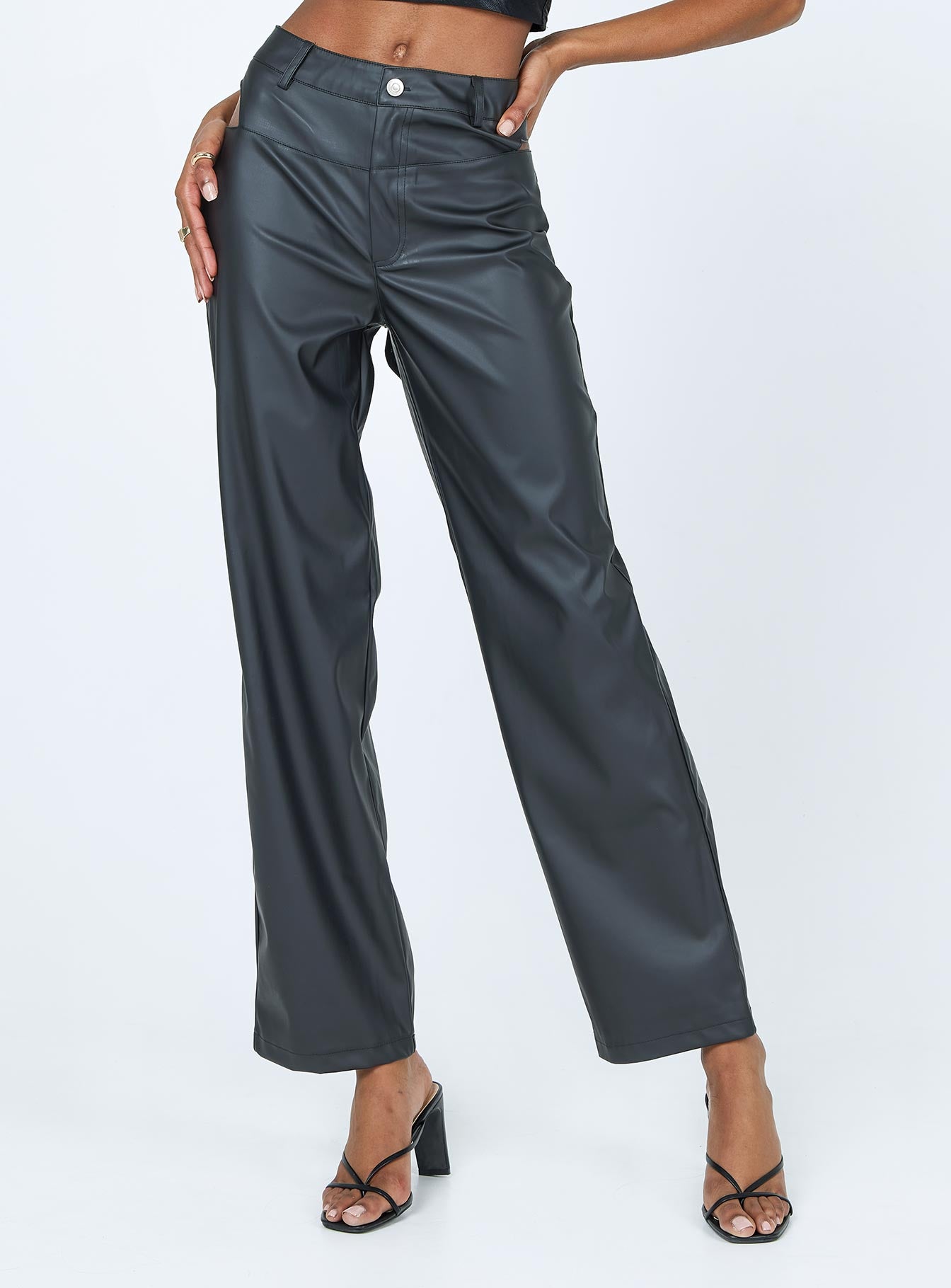 Desire Hip Cut Out PU Pants Black-Heyiad