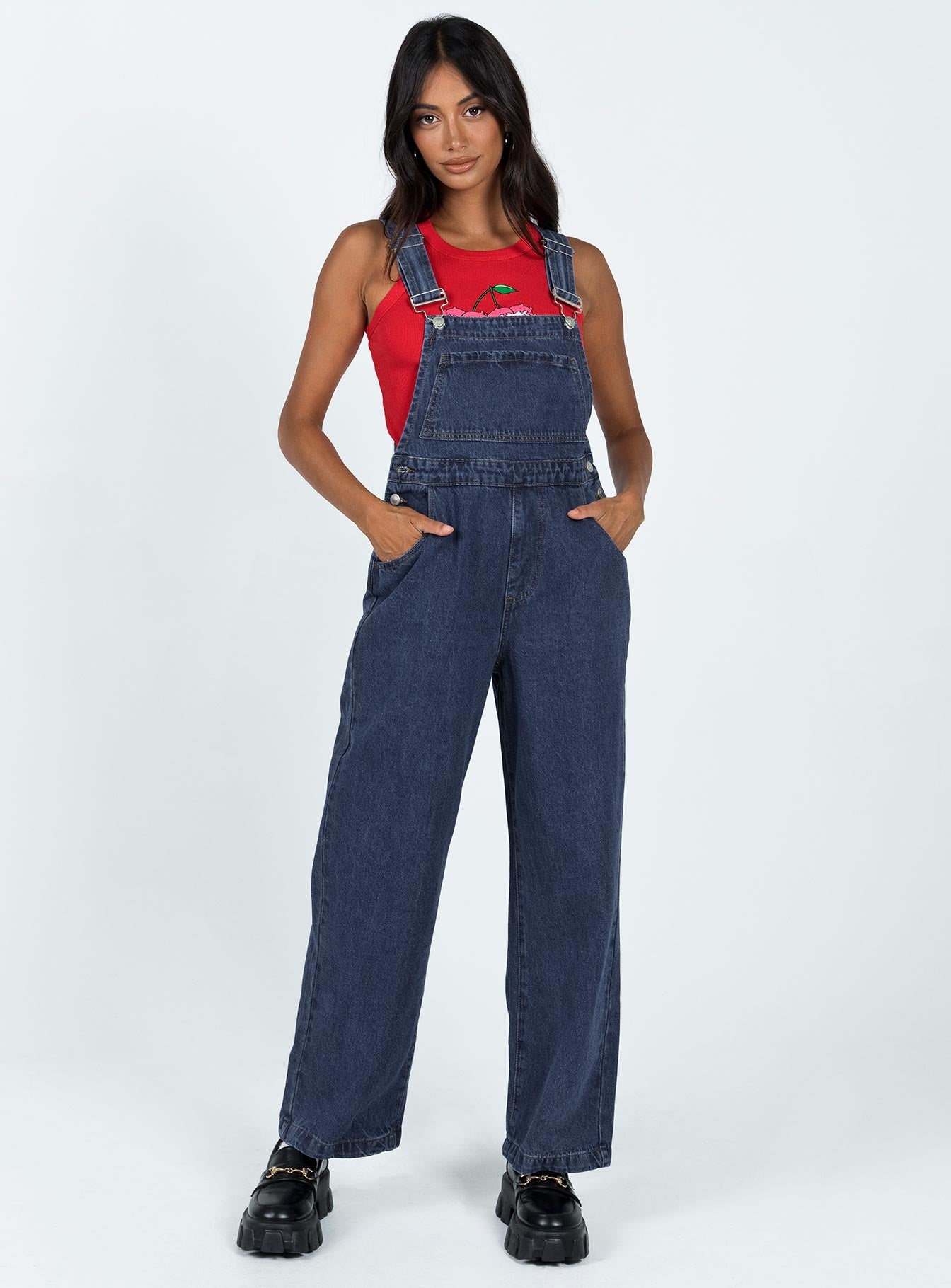 Kacey Long Overalls Mid Blue-Heyiad