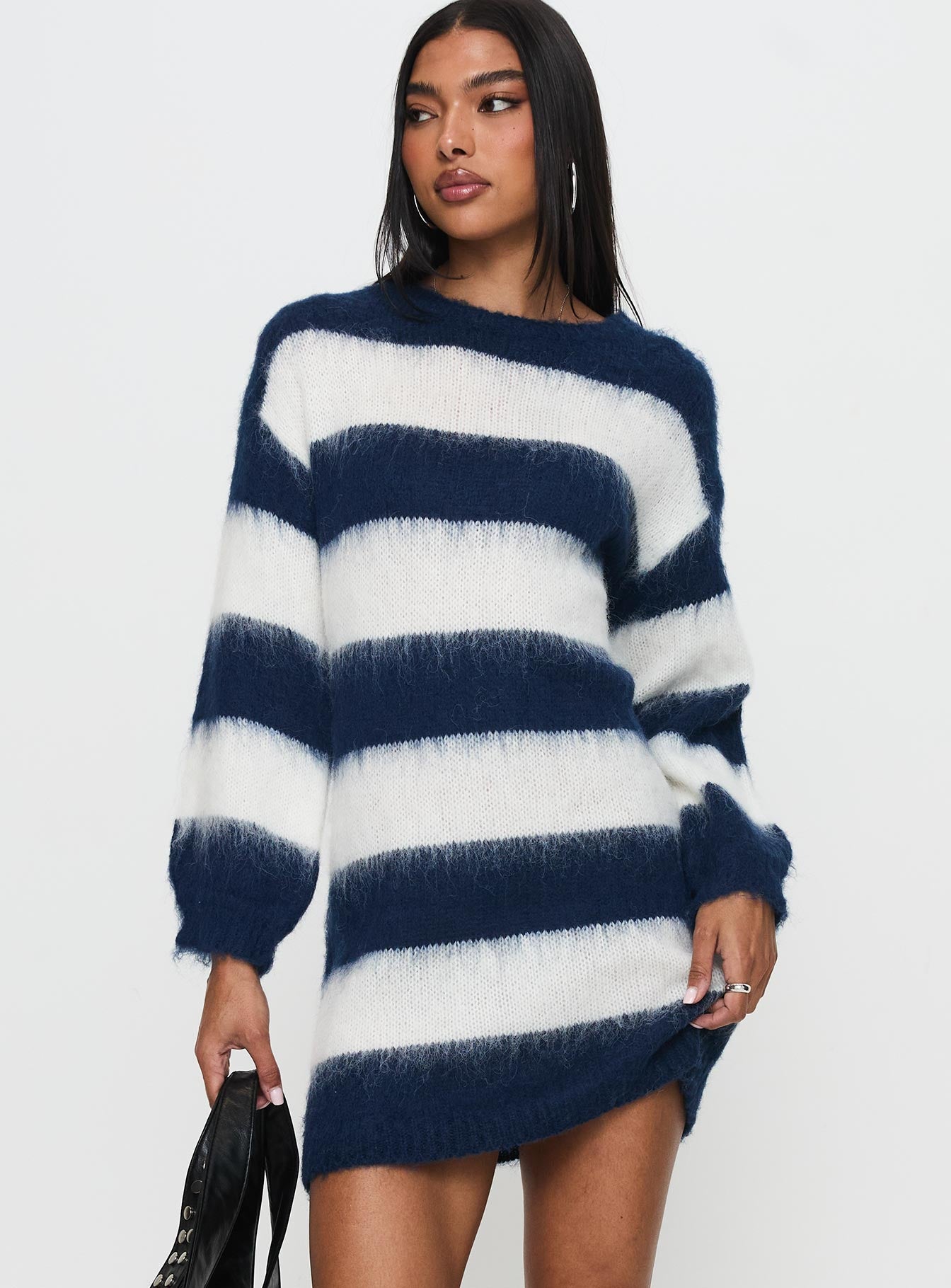 Iryna Long Sleeve Knit Mini Dress Navy / White Stripe-Heyiad