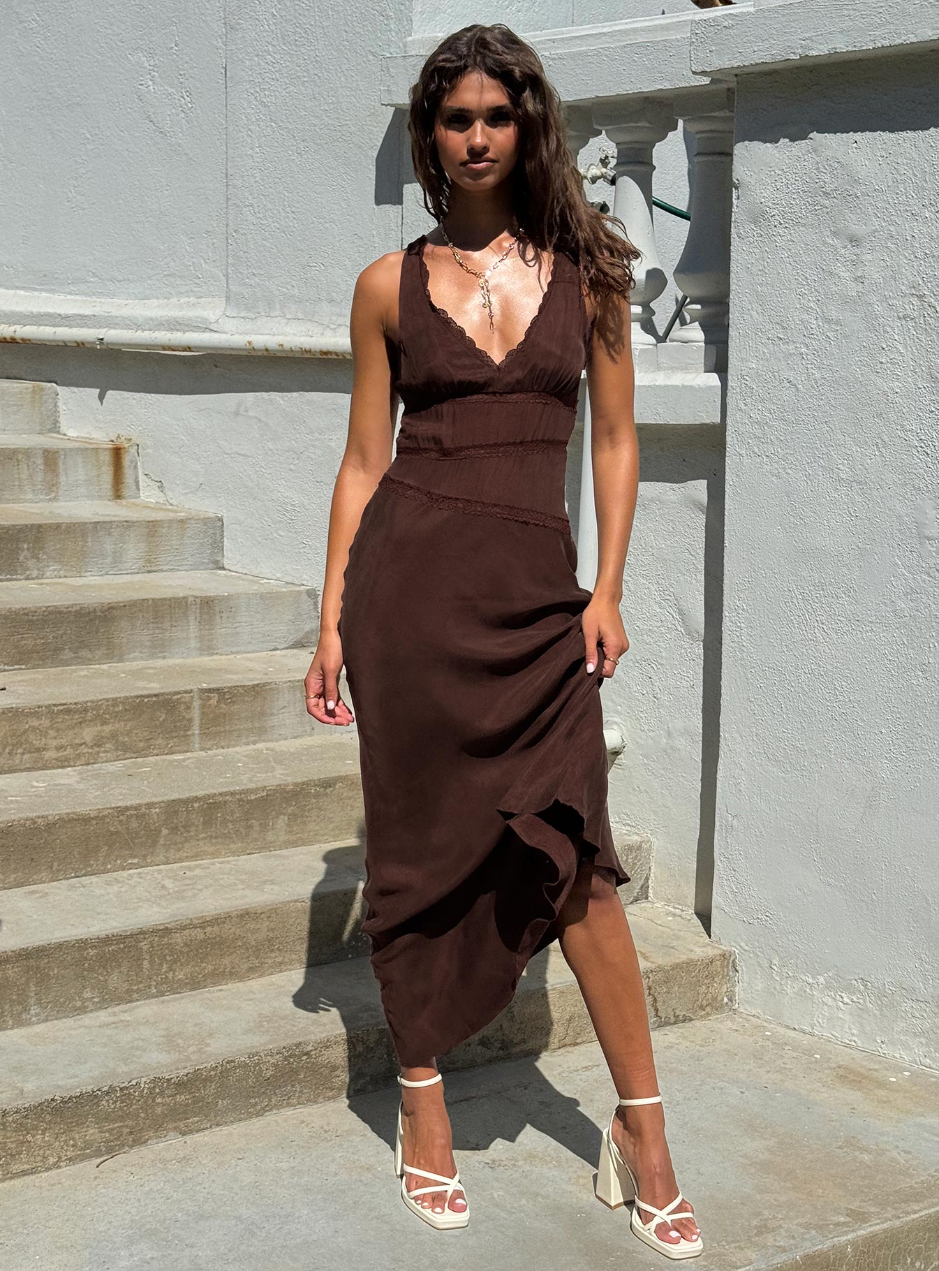 Karlotta Lace Bias Maxi Dress Brown-Heyiad