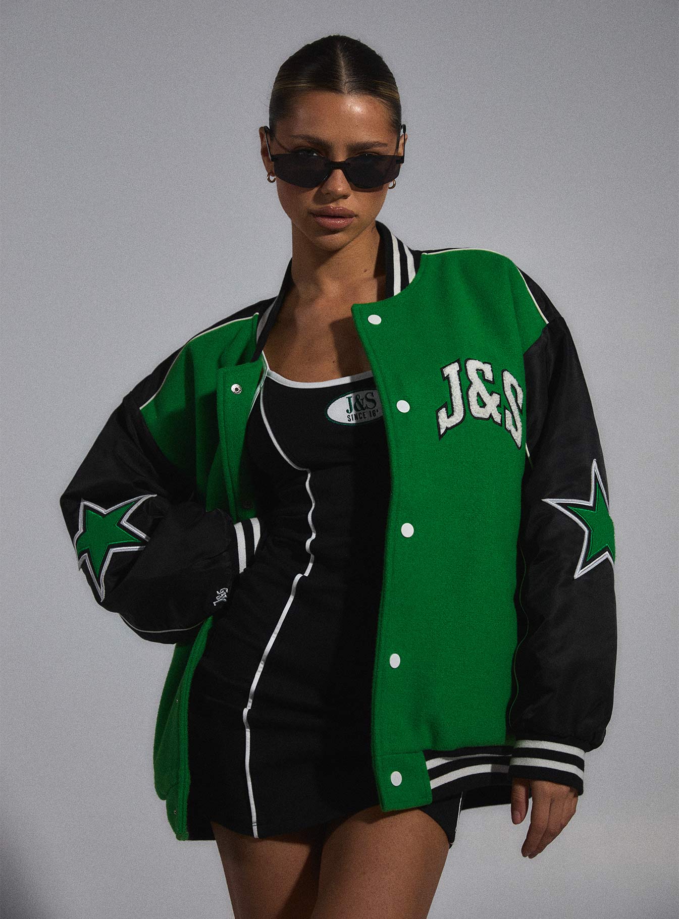JGR & STN Hailey Letterman Bomber Jacket Green/Black-Heyiad