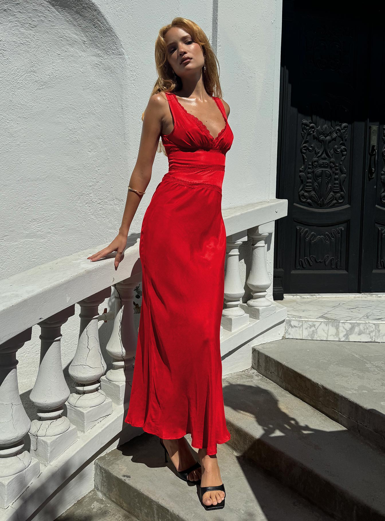 Karlotta Lace Bias Maxi Dress Red-Heyiad