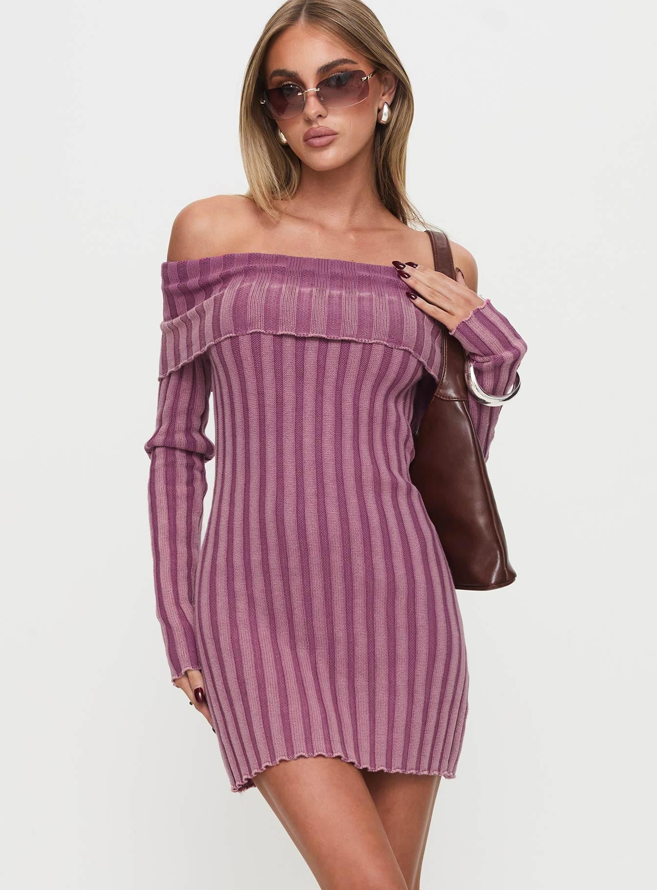 Kalesie Long Sleeve Rib Mini Dress Pink-Heyiad