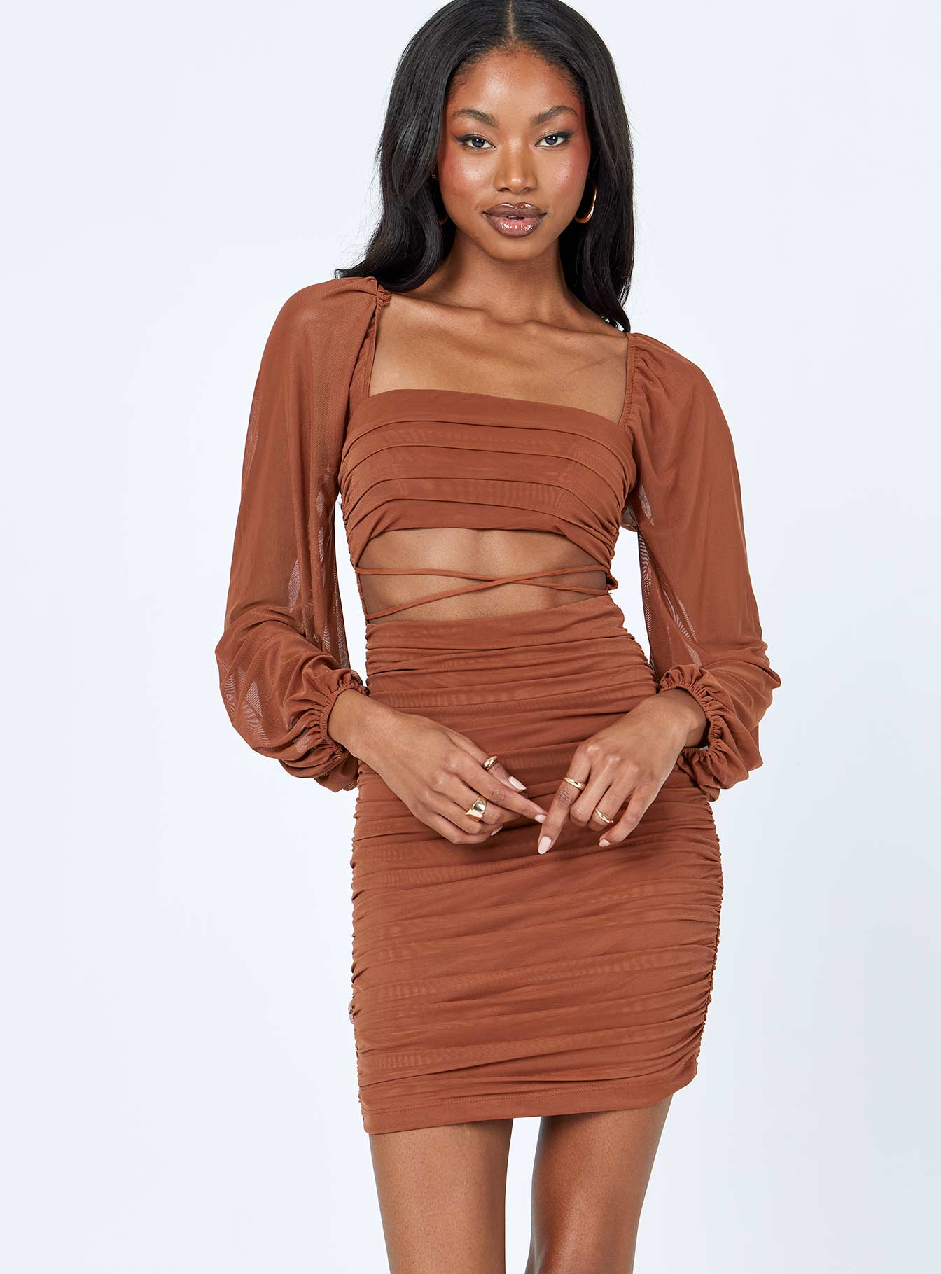 Courtney Long Sleeve Mini Dress Brown-Heyiad