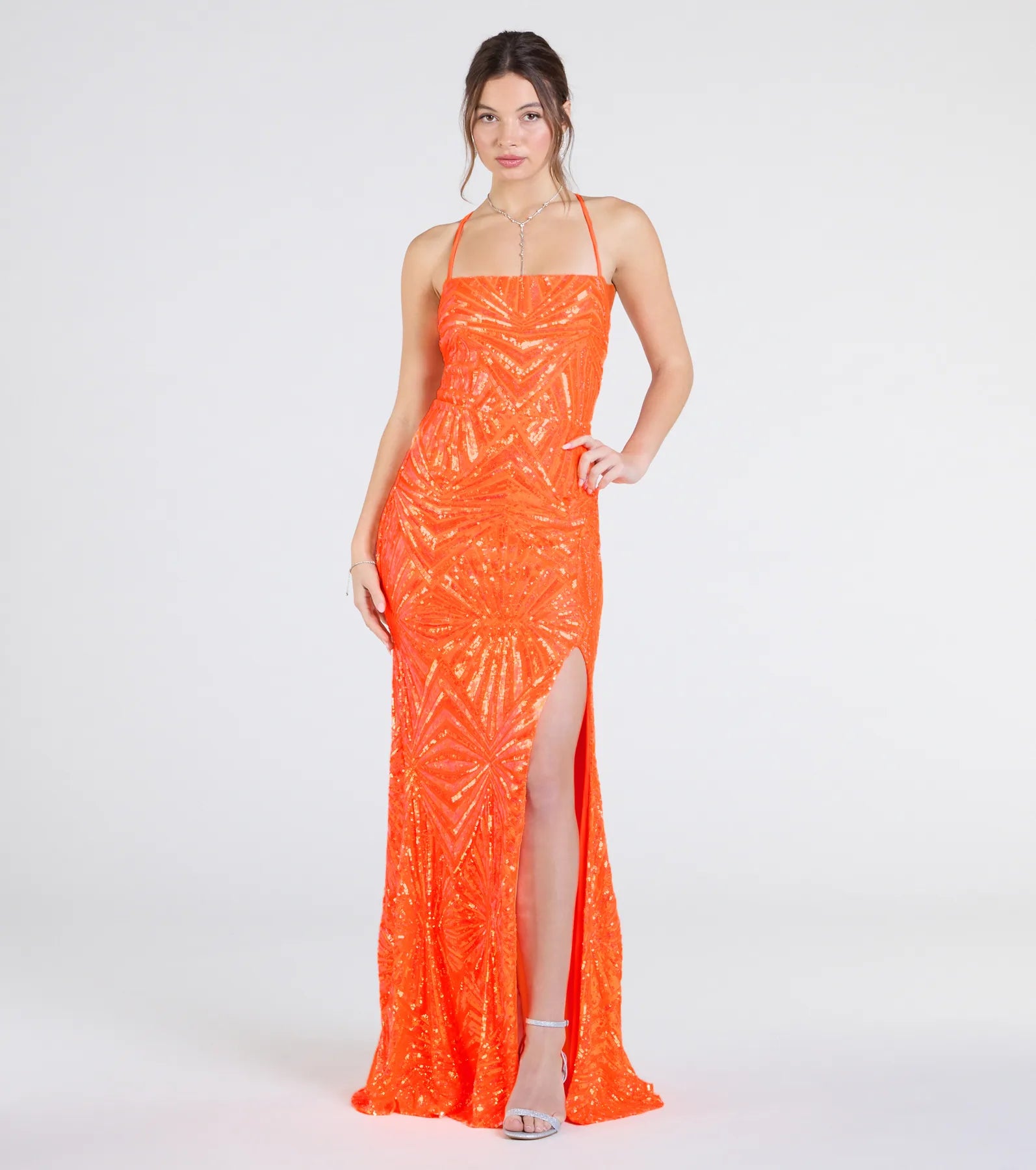 Make the big day unforgettable with the Lottie Sequin Lace-Up Mermaid Dress, a gorgeous orange bridesmaid dress that balances elegance and affordability.