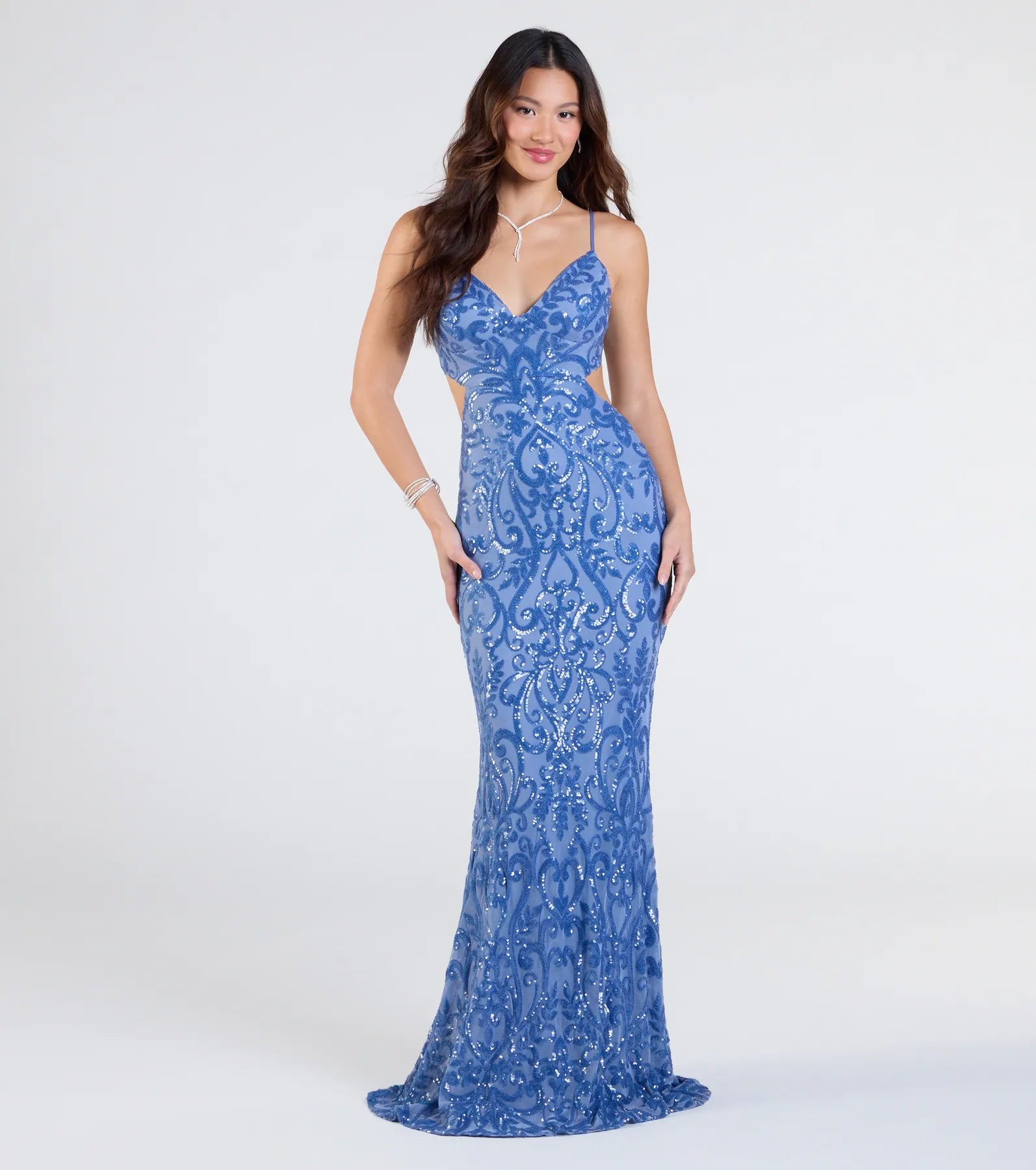 Step into the Prom 2025 dance in the Jenny Cutout Open Back Mermaid Sequin Formal Dress in denim, a stunning blue prom dress designed to complement any theme with its timeless allure and statement-making style.