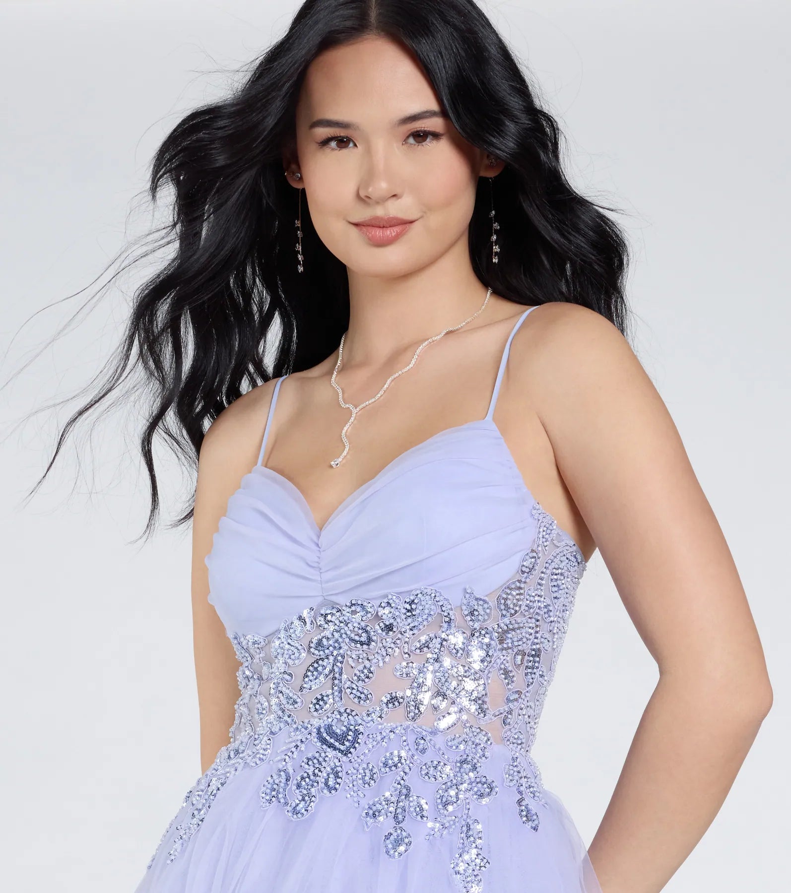 Step into the Prom 2025 dance in the Alia Sequin Applique A-Line Tulle Formal Dress in periwinkle, a stunning blue prom dress designed to complement any theme with its timeless allure and statement-making style.