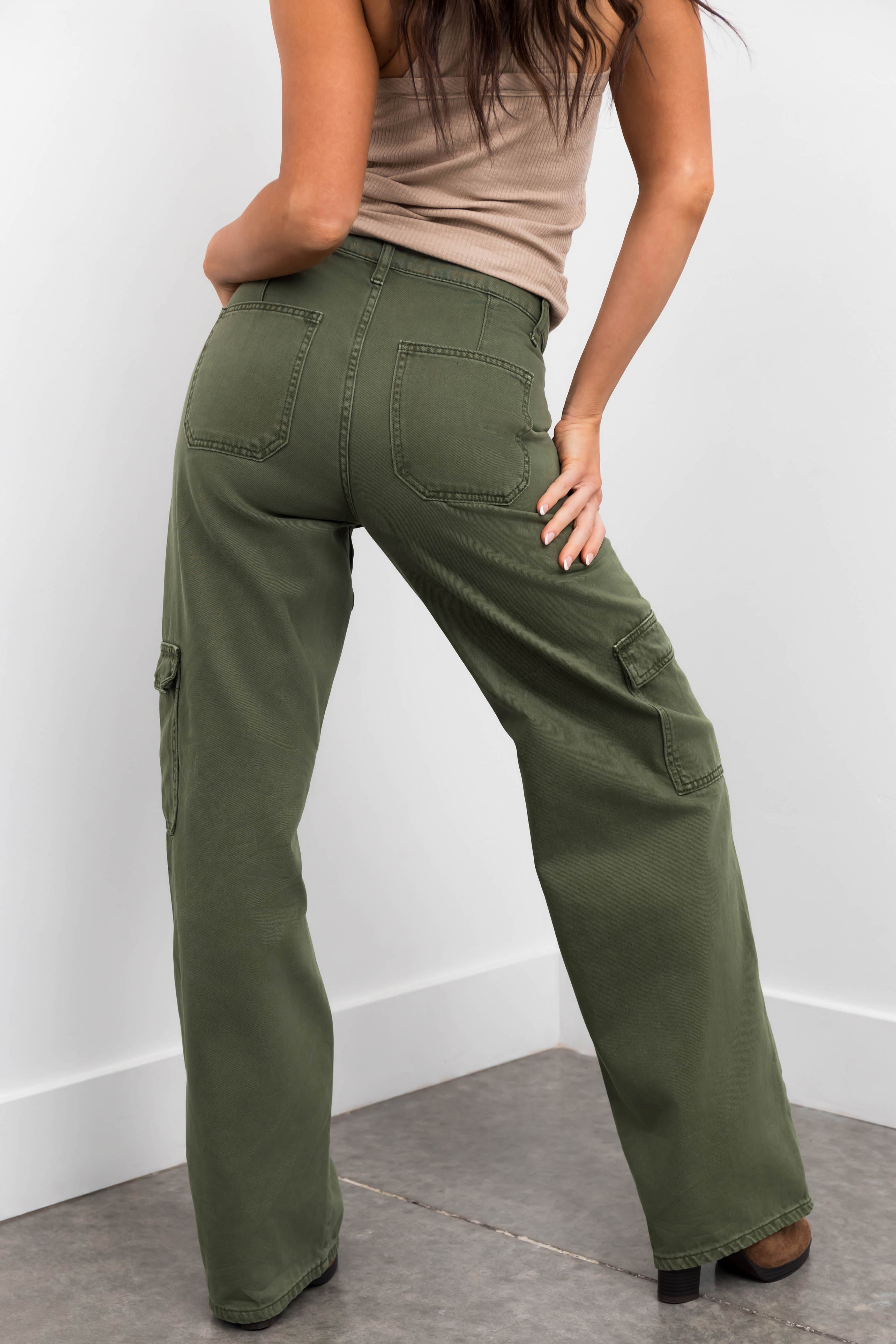 Vervet Army Green High Rise Wide Leg Cargo Jeans-Newayad