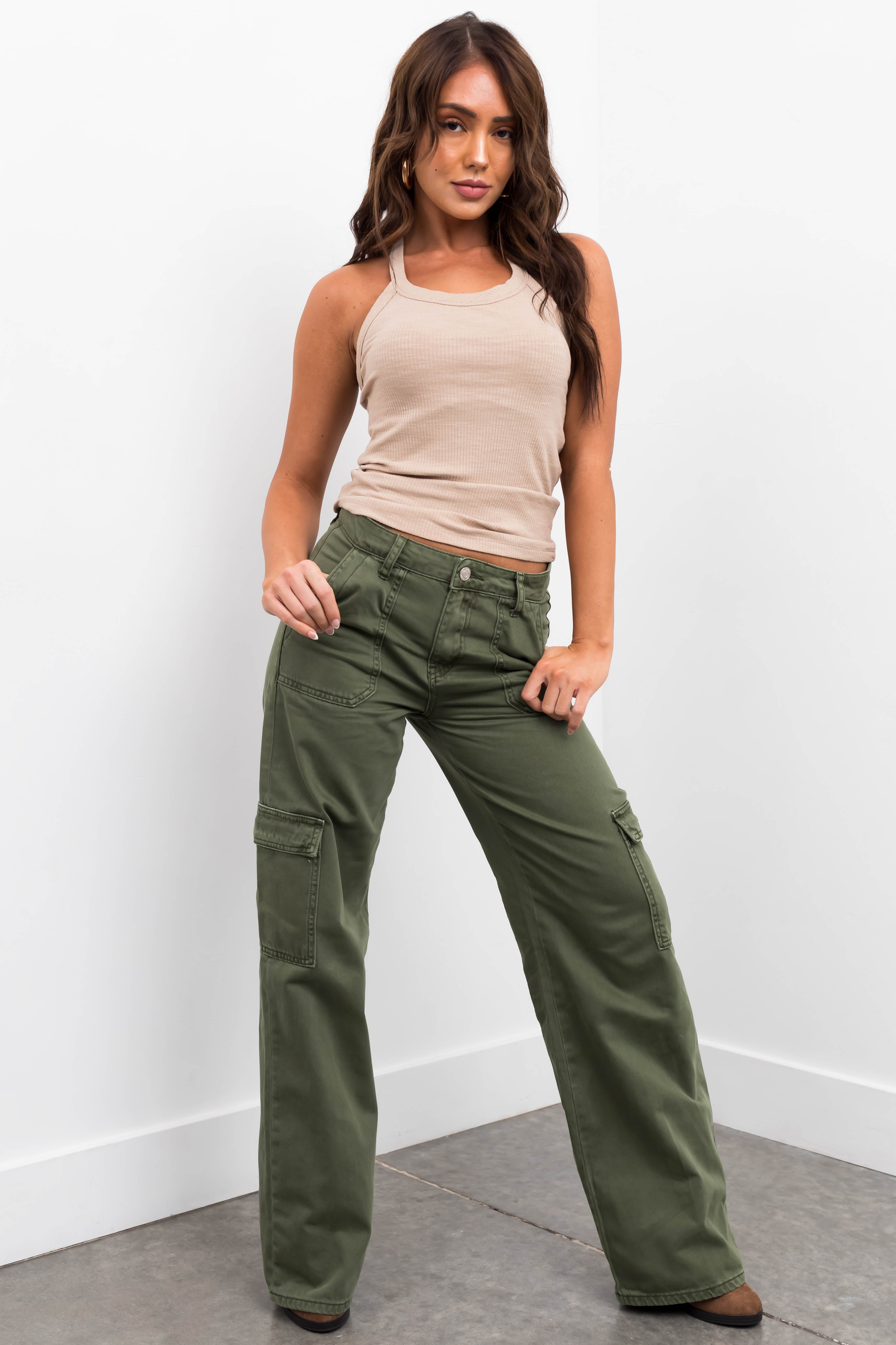 Vervet Army Green High Rise Wide Leg Cargo Jeans-Newayad