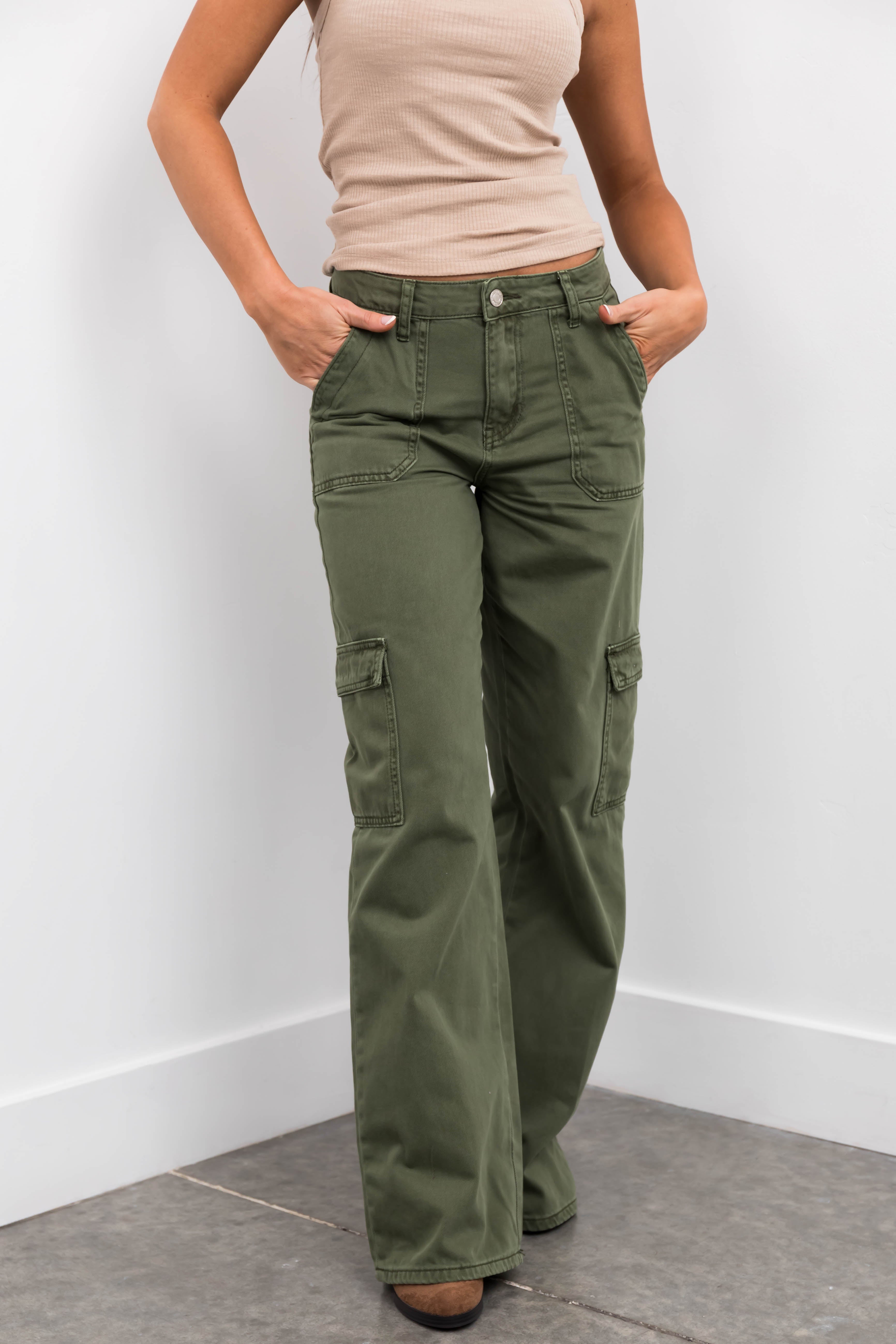 Vervet Army Green High Rise Wide Leg Cargo Jeans-Newayad
