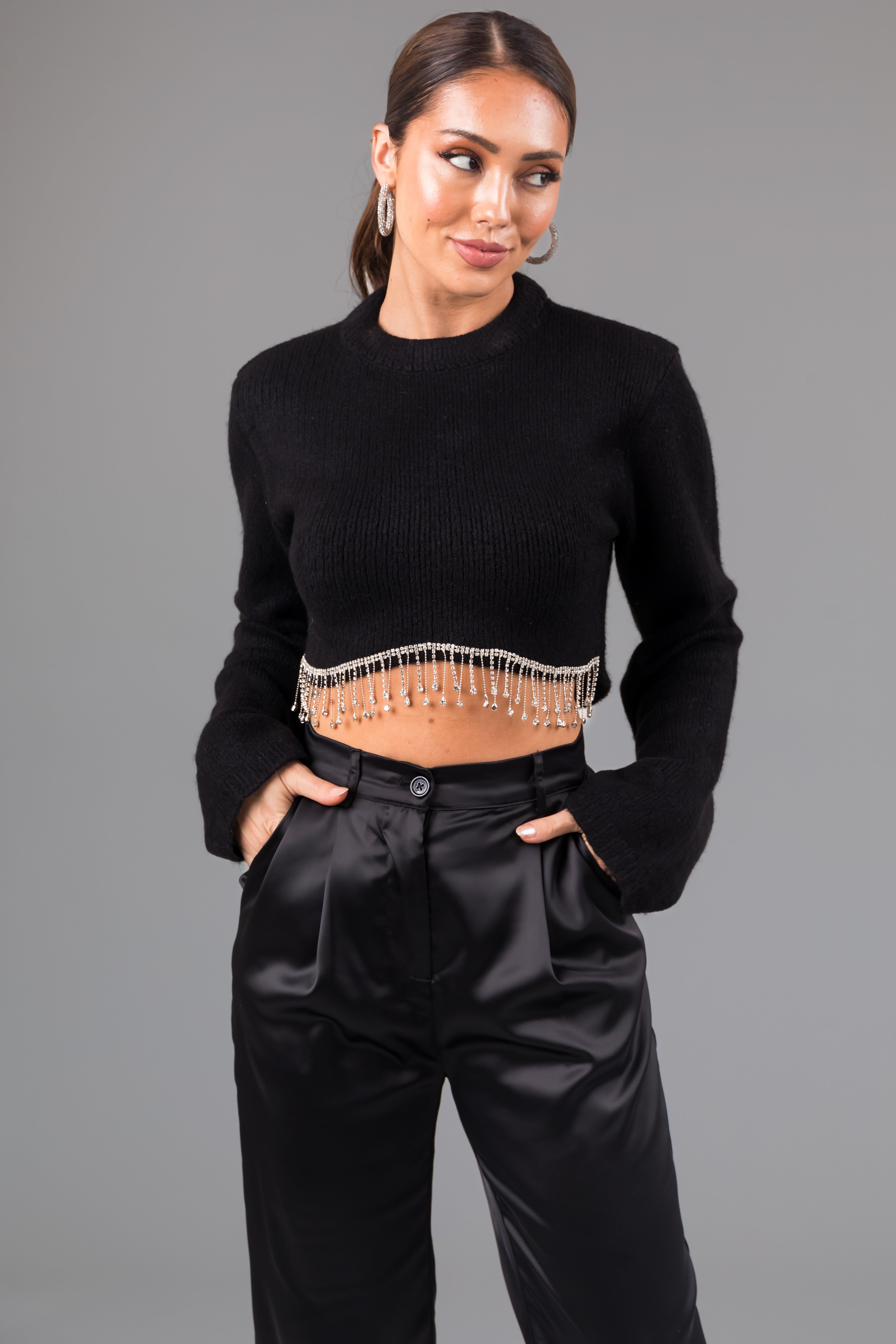 Black Rhinestone Hemline Cropped Sweater-Newayad