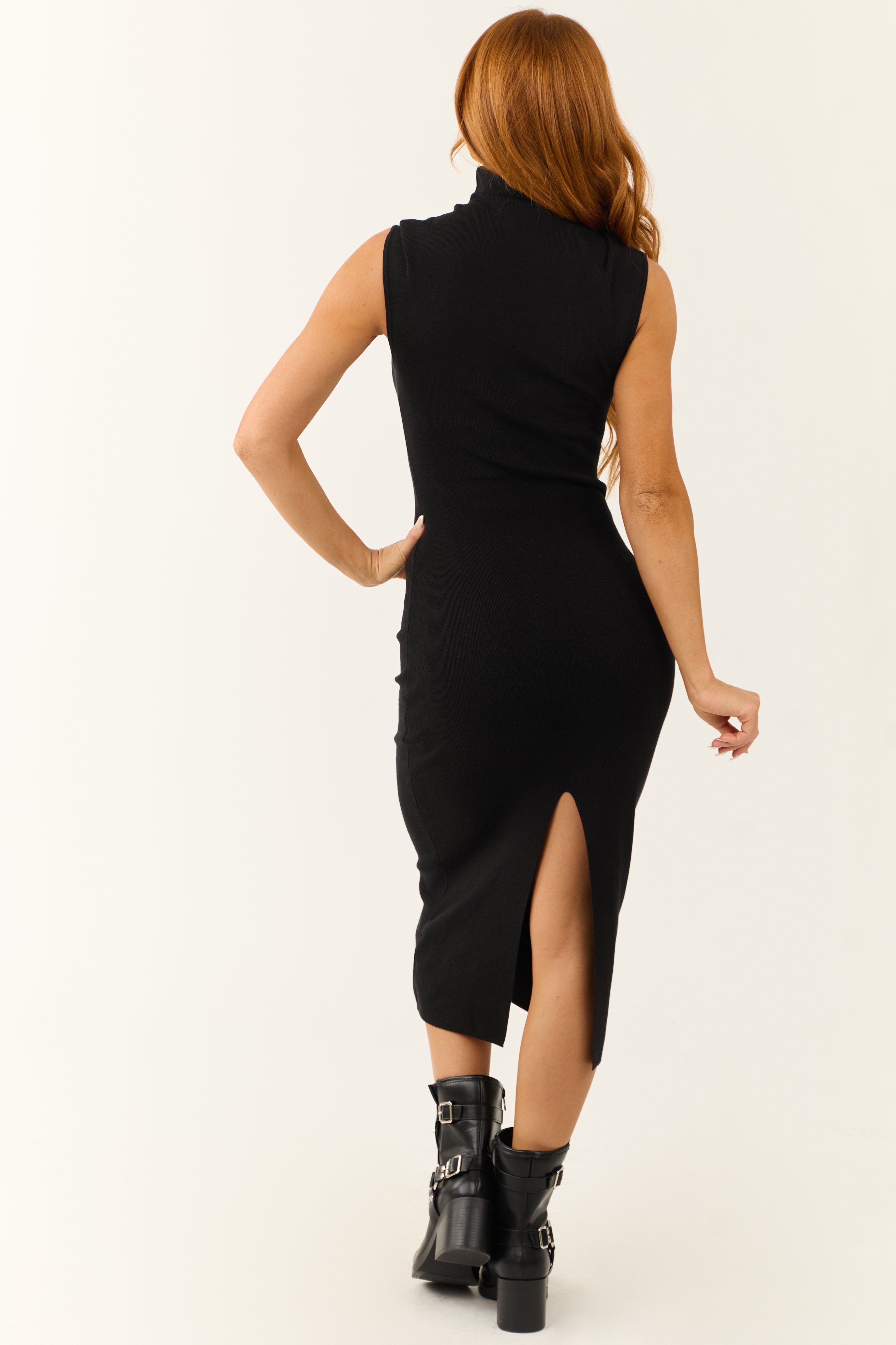 Black Ribbed Knit High Neck Midi Sweater Dress-Newayad
