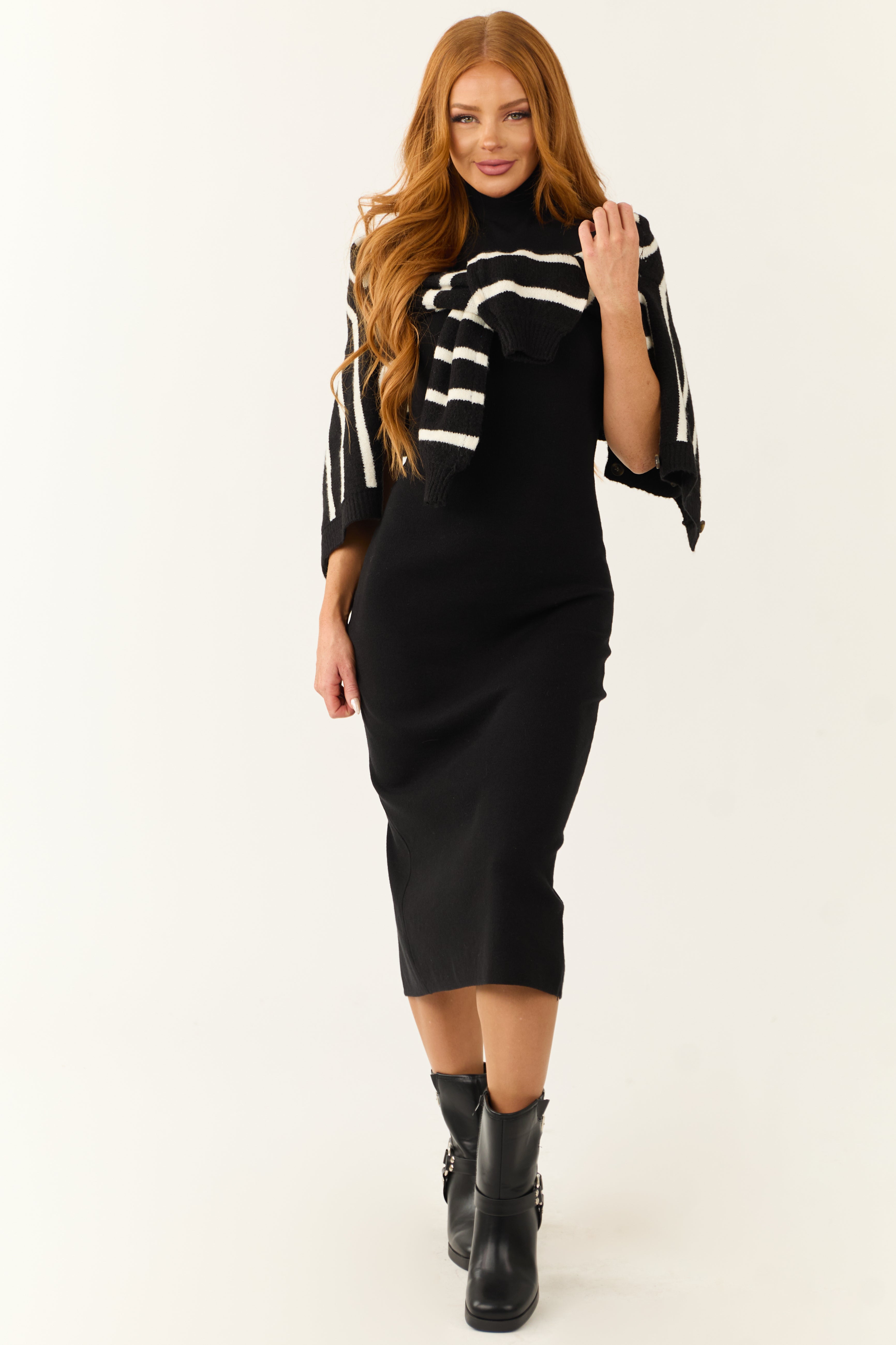 Black Ribbed Knit High Neck Midi Sweater Dress-Newayad