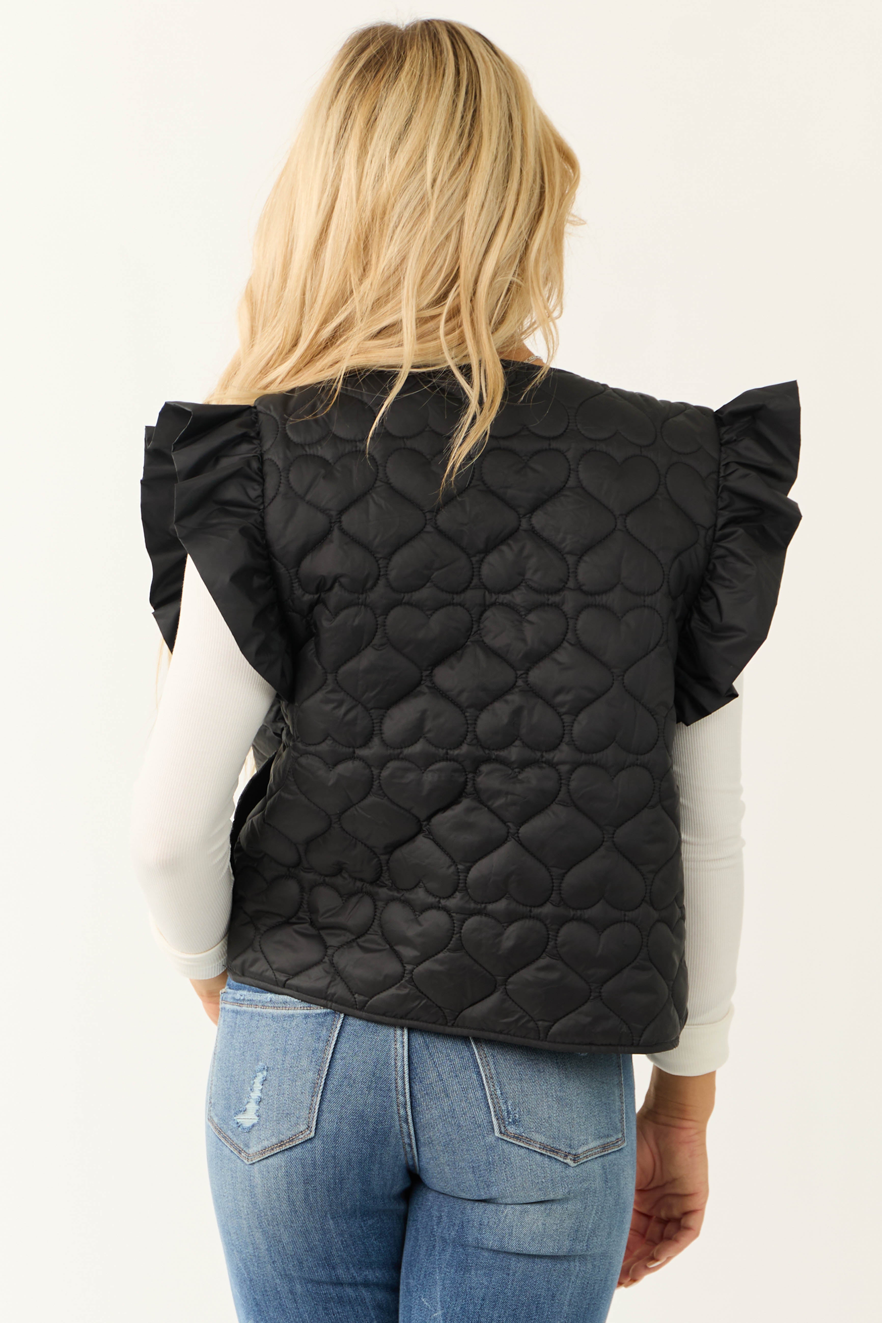 Black Ruffle Strap Zip Up Quilted Puffer Vest-Newayad