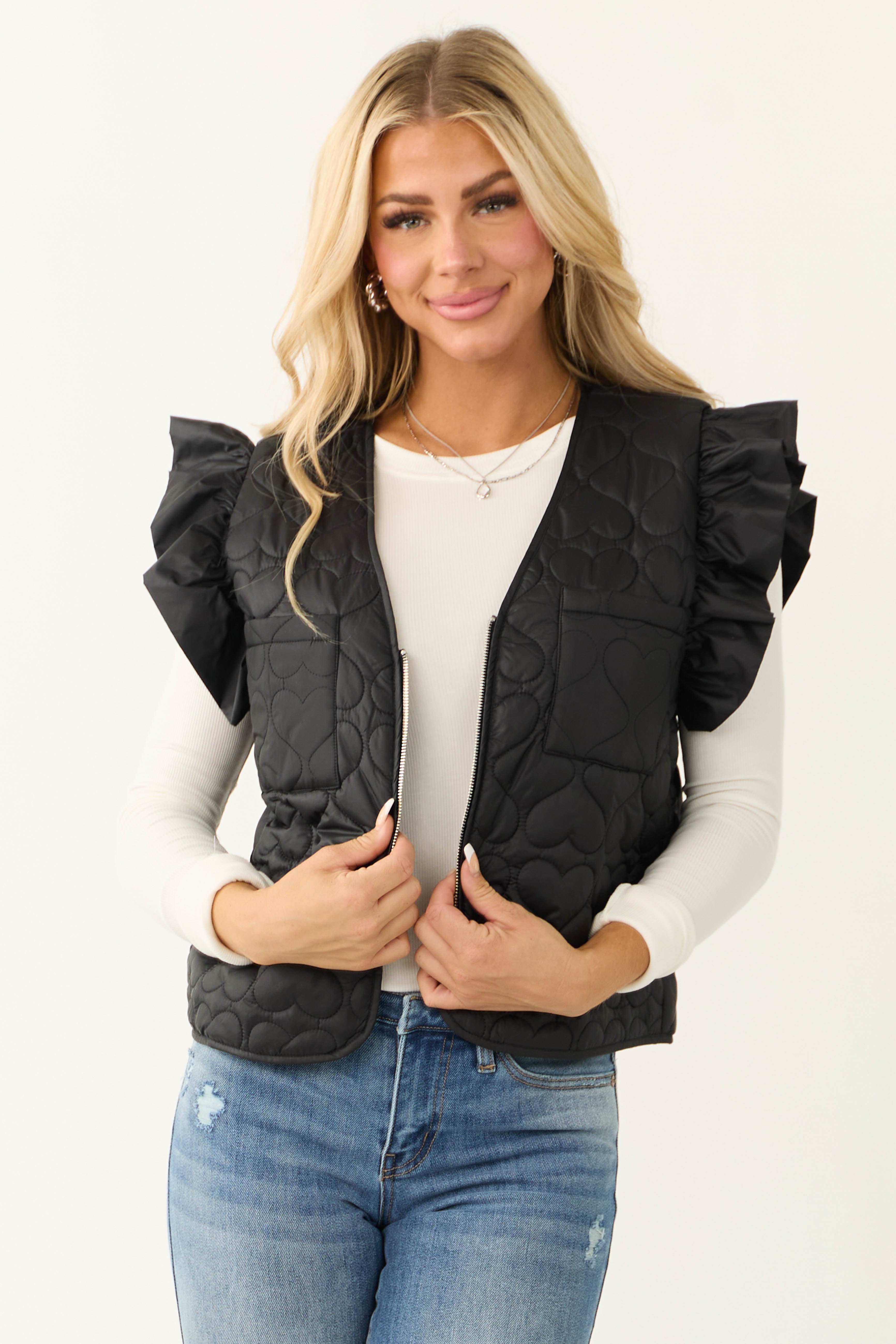 Black Ruffle Strap Zip Up Quilted Puffer Vest-Newayad
