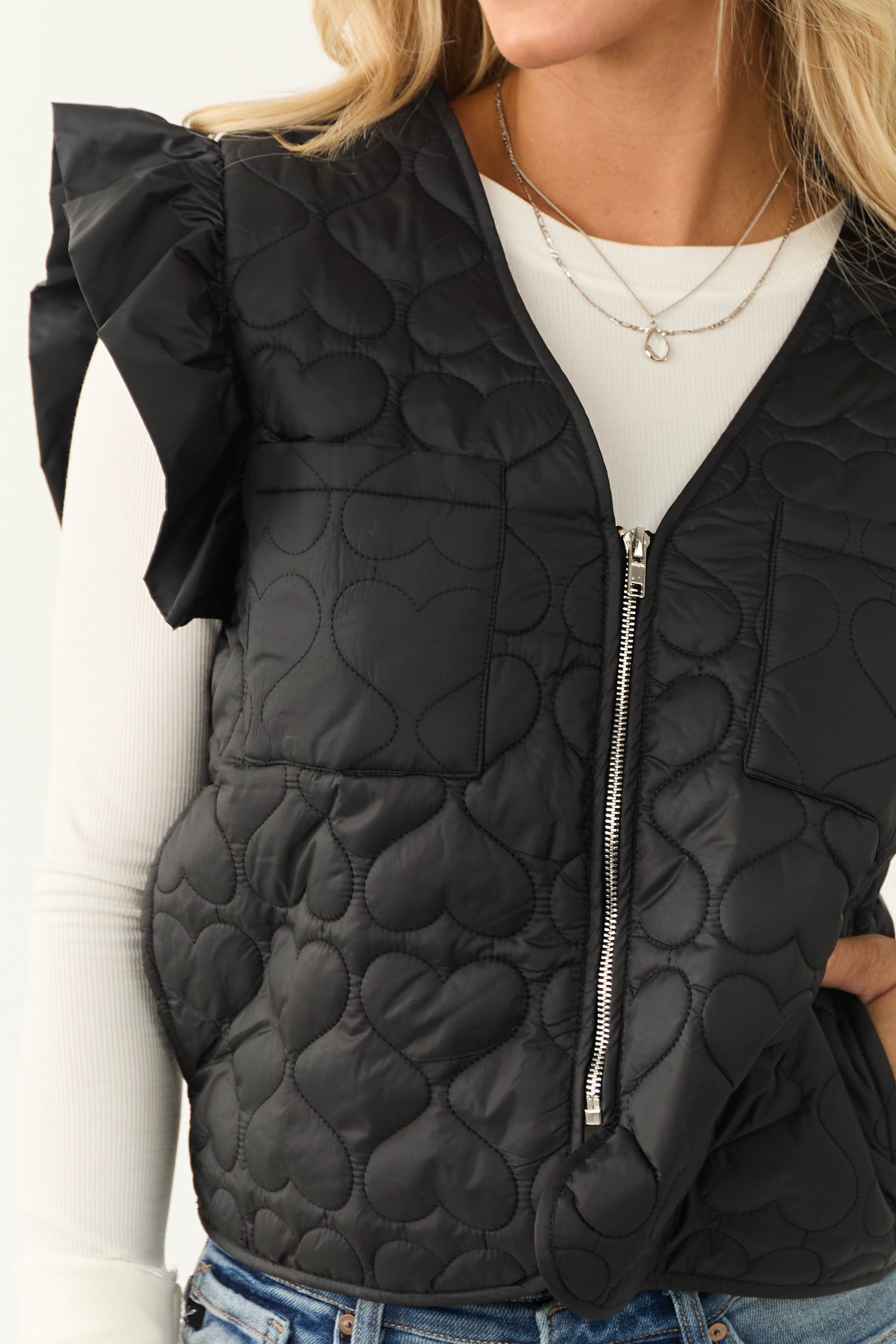 Black Ruffle Strap Zip Up Quilted Puffer Vest-Newayad
