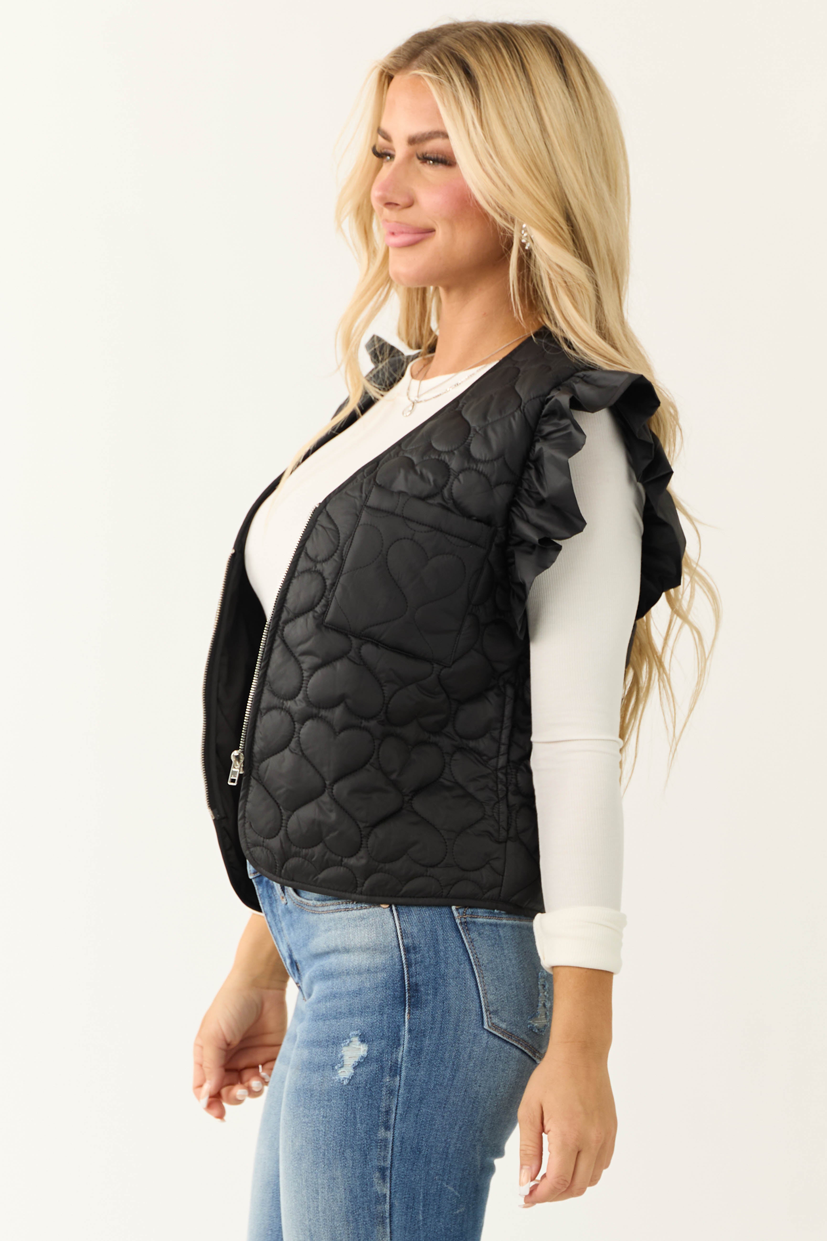 Black Ruffle Strap Zip Up Quilted Puffer Vest-Newayad