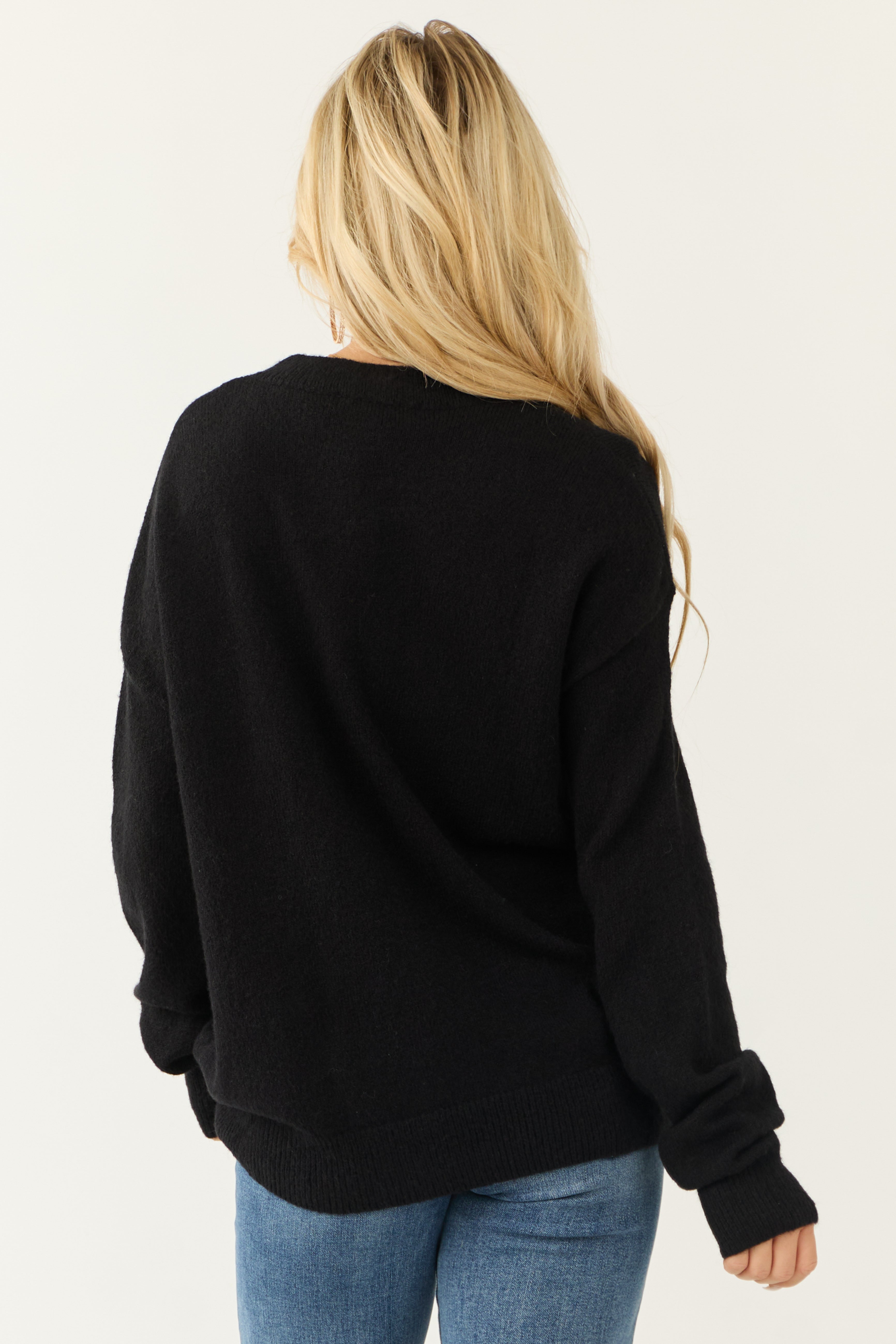 Black Sequin Bow Graphic Long Sleeve Sweater-Newayad
