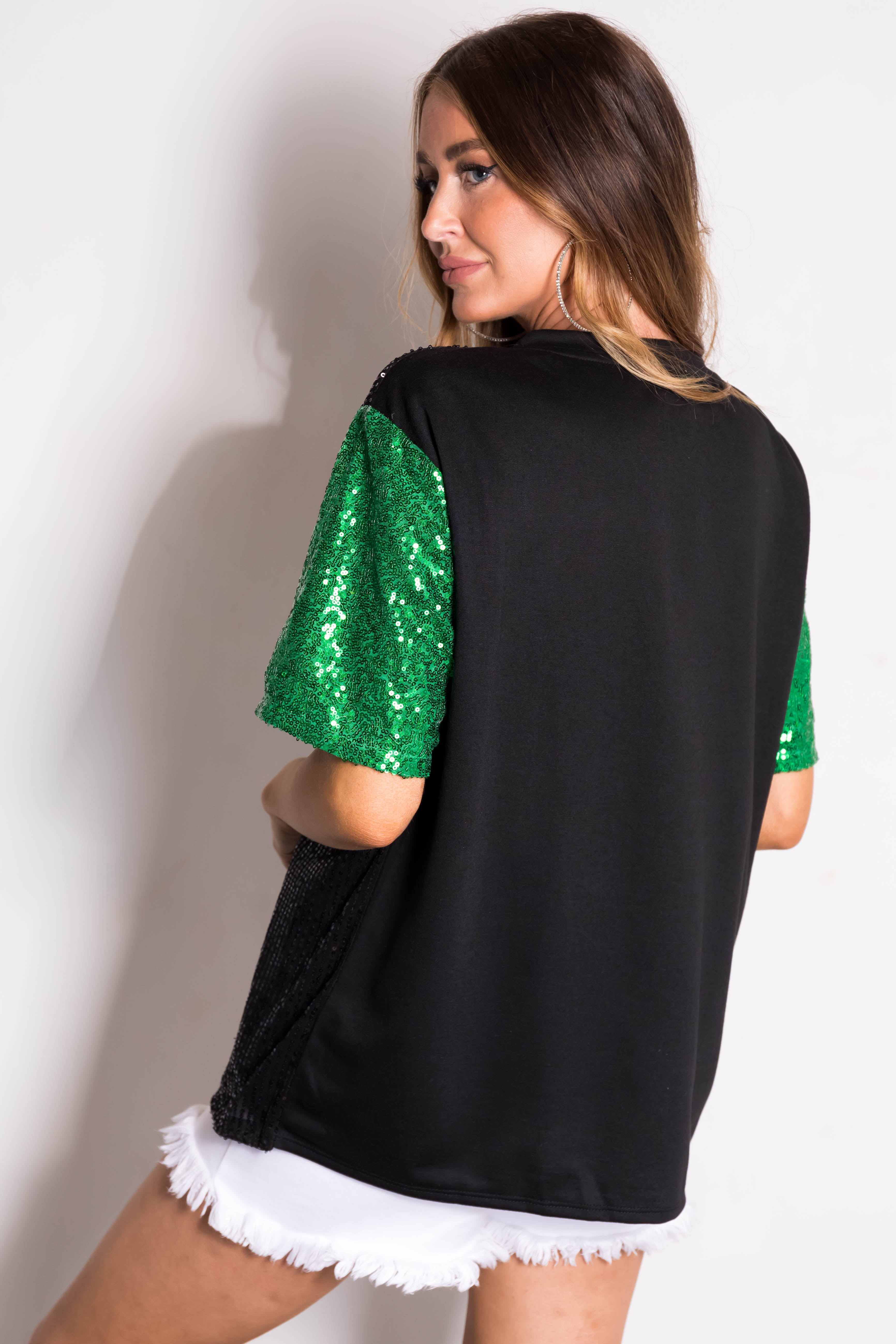 Black Sequined Clover Graphic Half Sleeve Top-Newayad