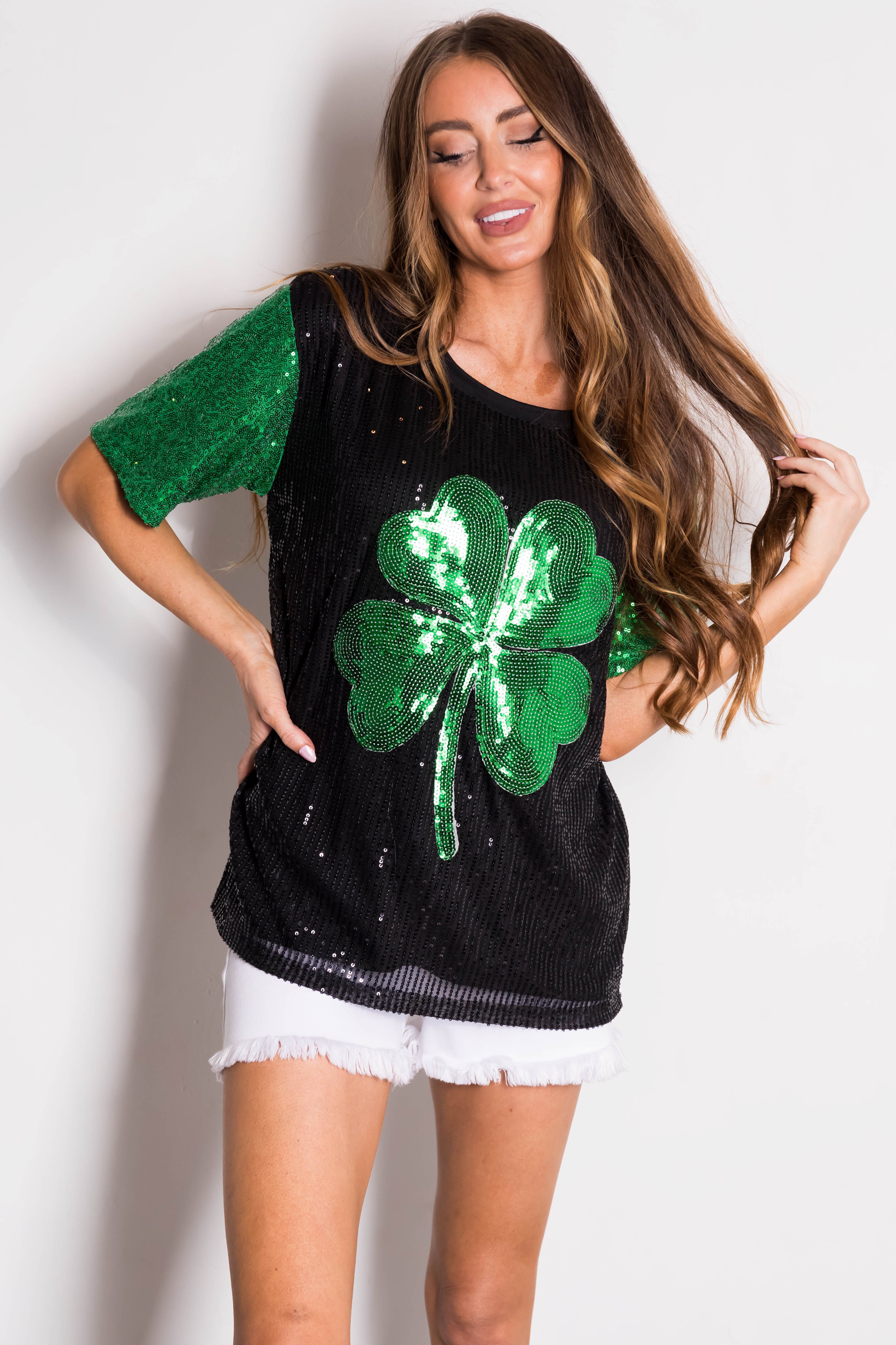 Black Sequined Clover Graphic Half Sleeve Top-Newayad