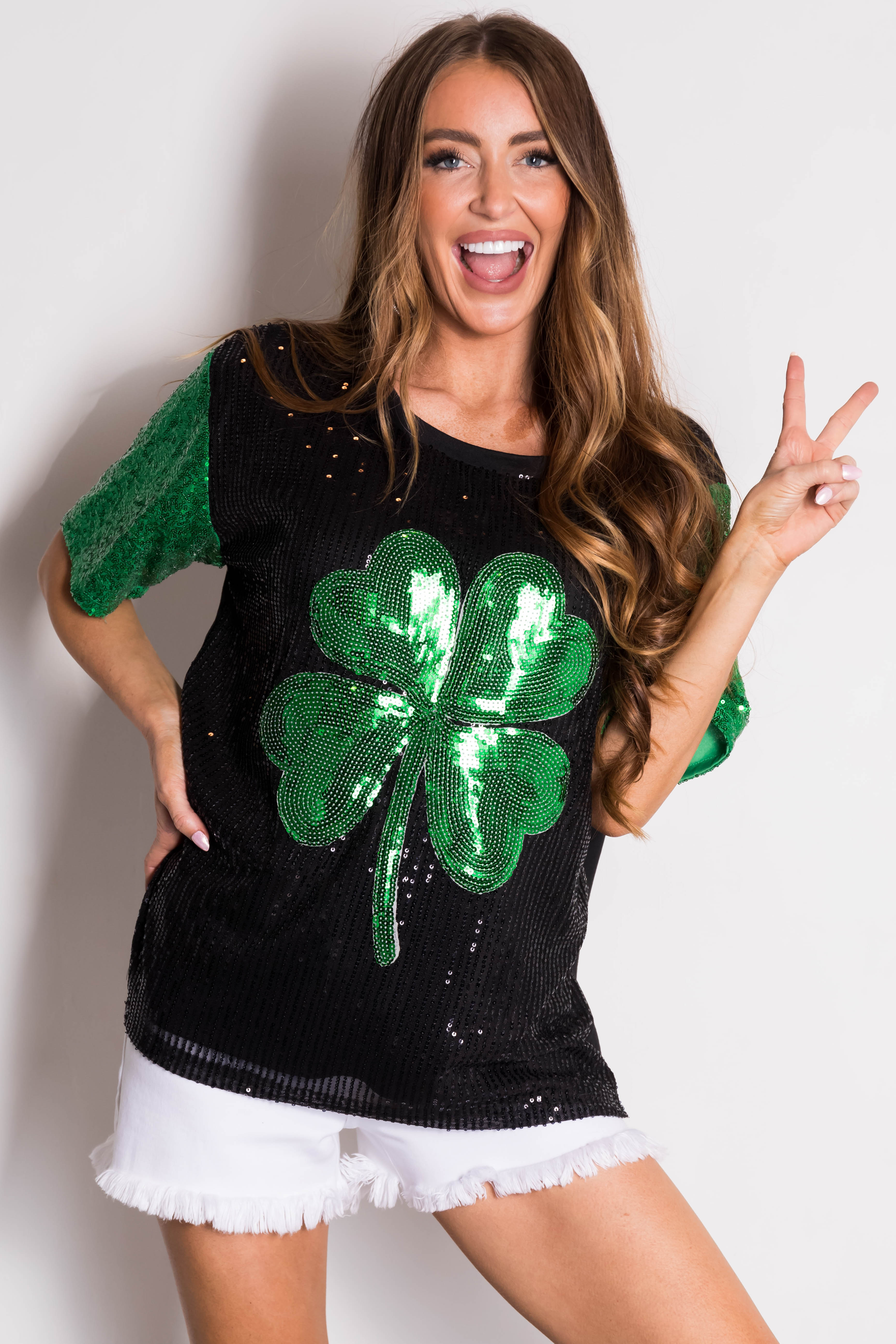 Black Sequined Clover Graphic Half Sleeve Top-Newayad